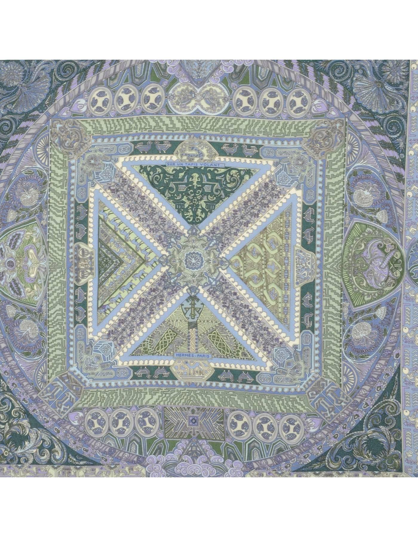 Hermes Blue Sur Un Tapis Volant Cashmere & Silk Scarf

Features intricate rug printed throughout
Made In: France
Color: Blue, purple, and green
Composition:  65% cashmere, 35% silk
Retail Price: $670 + tax
Overall Condition: Excellent