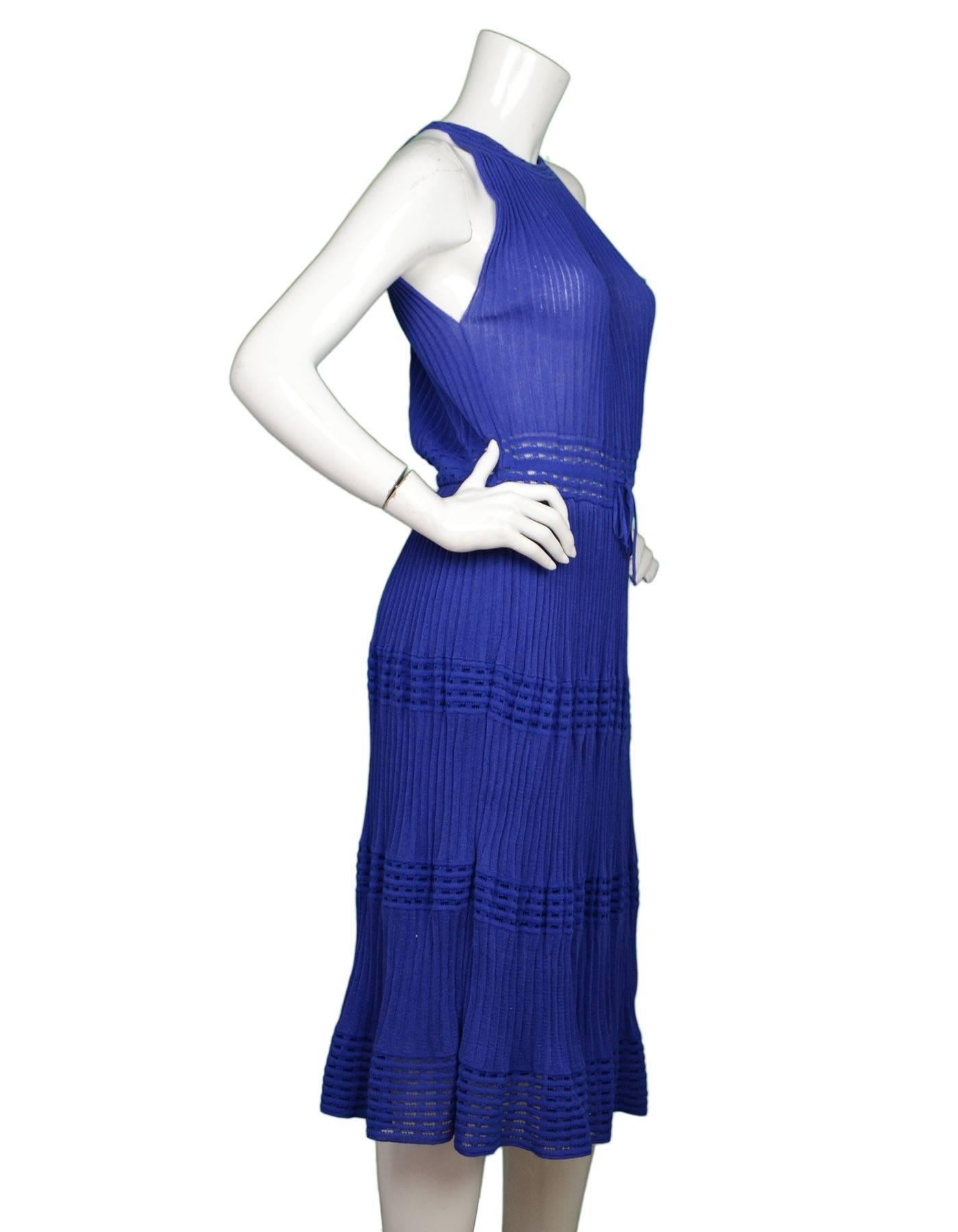 M Missoni Blue Micro-Pleated Knit Dress
Features drawstring at waist

Made In: Italy
Color: Blue
Composition: 73% cotton, 14% polyester, 13% polyamide
Lining: Blue, 100% polyester
Closure/Opening: Pull over
Exterior Pockets: None
Interior Pockets: