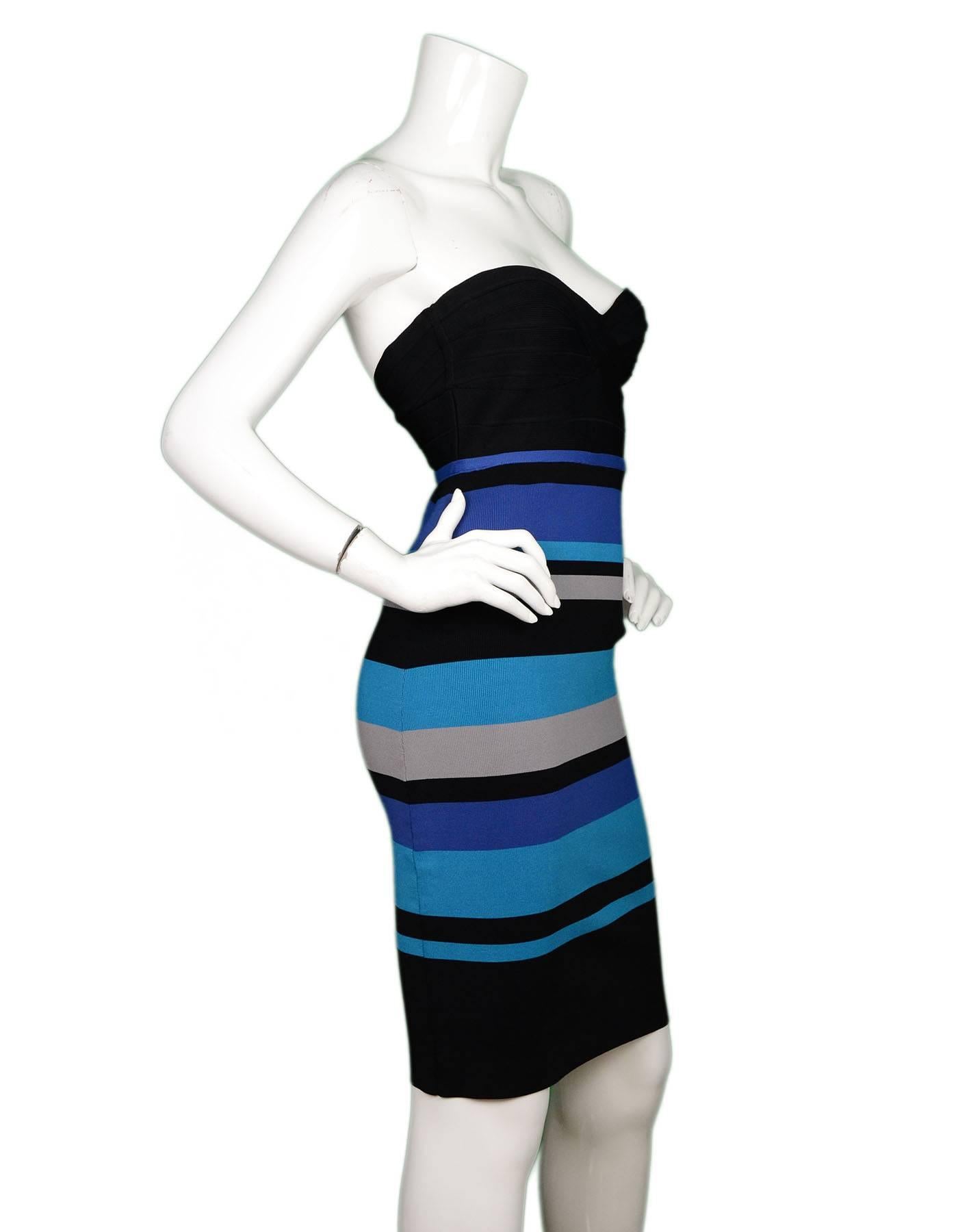 Herve Leger Black & Blue Stripe Strapless Bandage Dress 
Features sweetheart neckline

Made In: Hong Kong
Color: Black, blue, teal and grey
Composition: 90% rayon, 9% nylon, 1% spandex
Lining: None
Closure/Opening: Back center zip