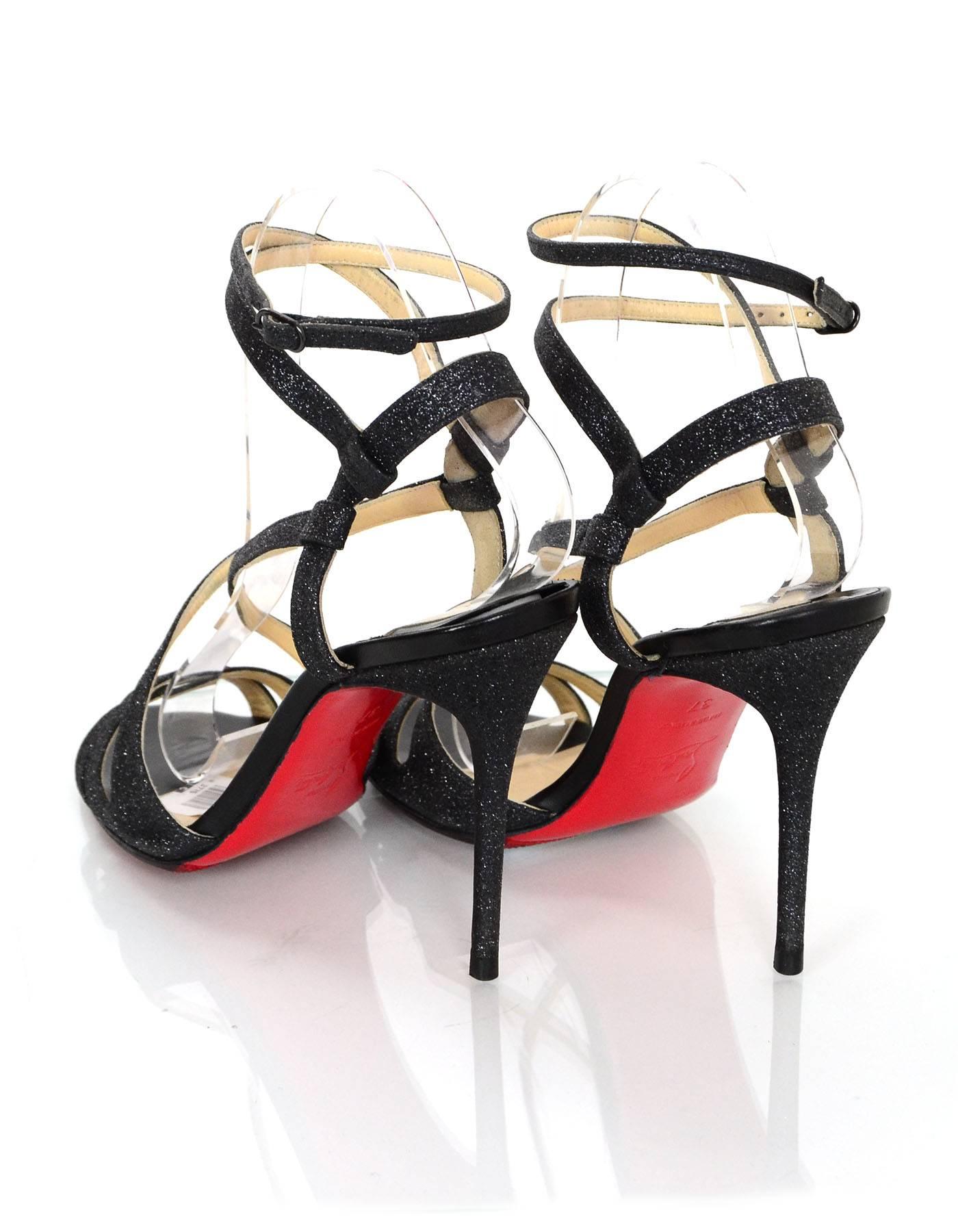 Christian Louboutin Charcoal Glitter Audrey Sandals sz 37 w/BOX/DB In Excellent Condition In New York, NY