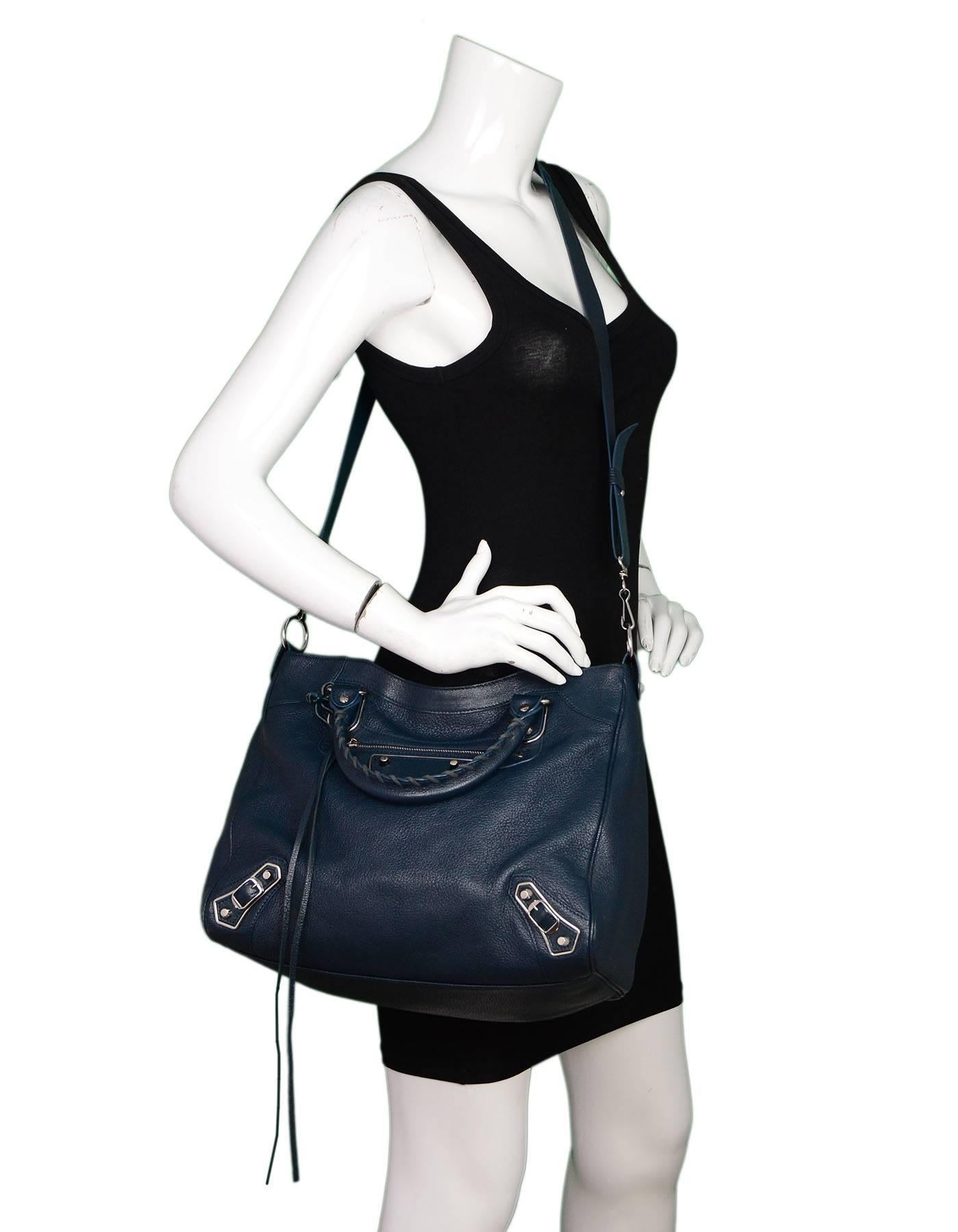 Balenciaga Blue & Silvertone Metallic Edge Messenger Satchel Bag  5