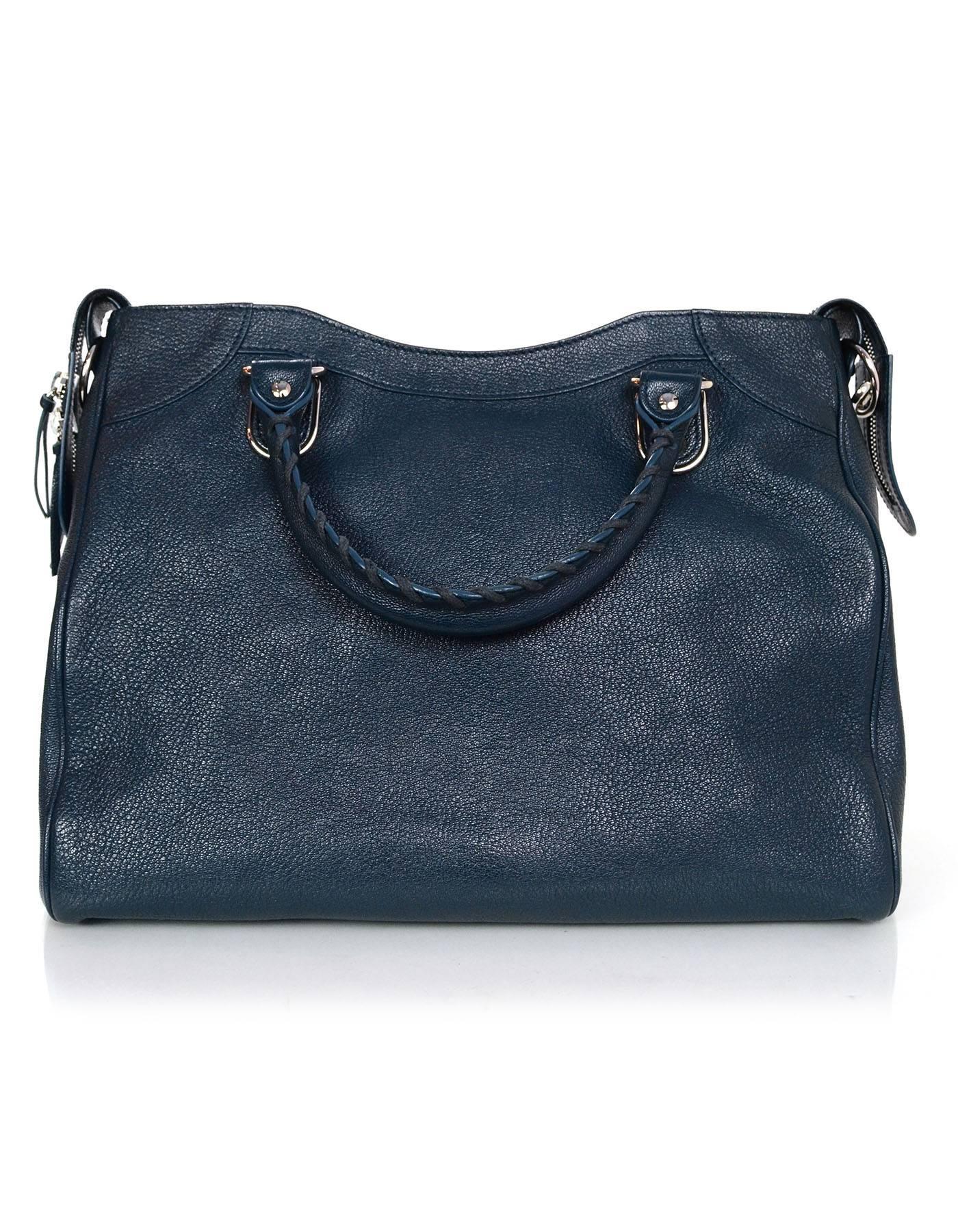Black Balenciaga Blue & Silvertone Metallic Edge Messenger Satchel Bag 