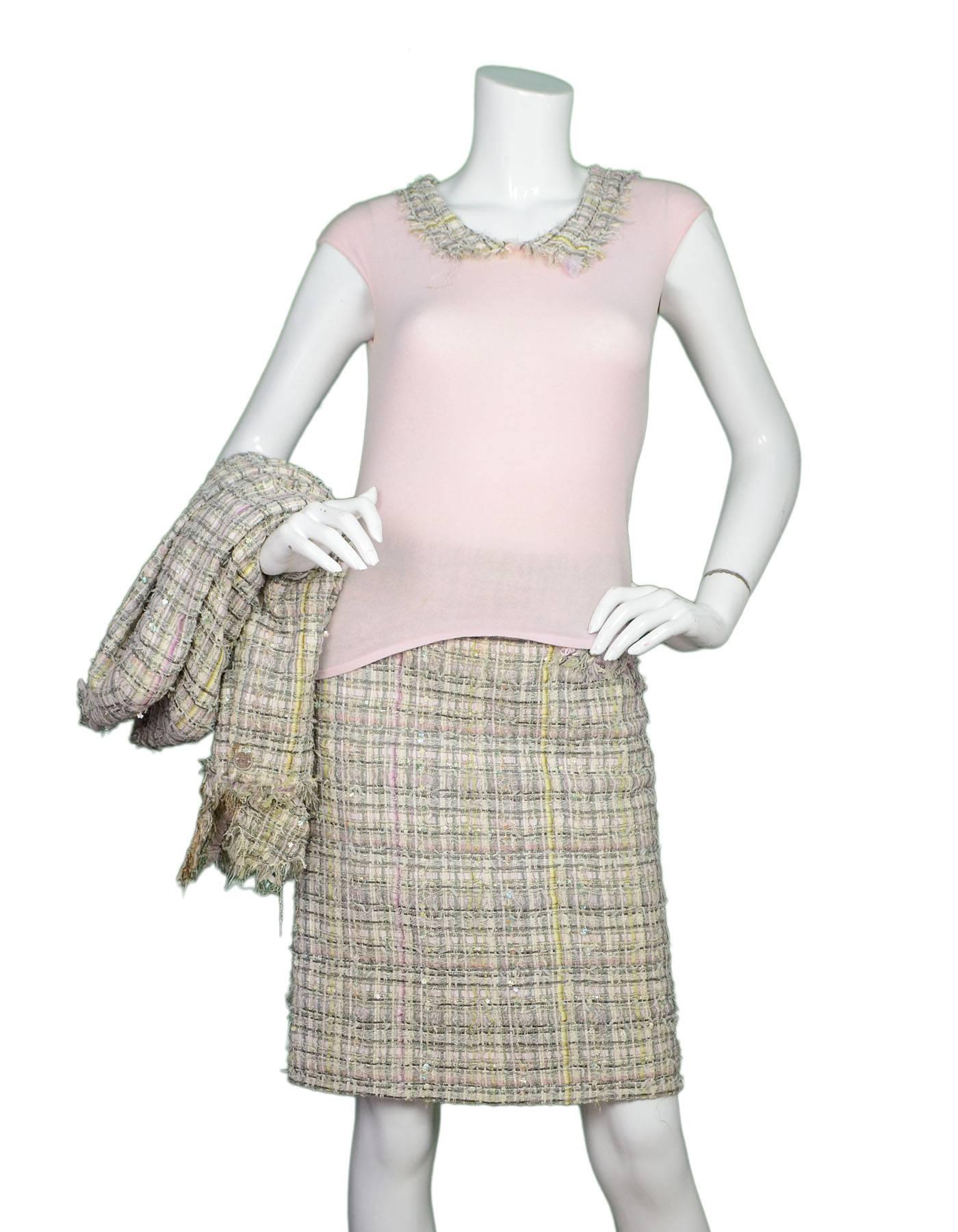 Chanel Grey & Pink 3-Piece Fantasy Tweed Suit 
Top features decorative tweed collar and perforated CC at neckline

Made In: France
Year of Production: 2005
Color: Pink, grey, green, yellow
Composition: Jacket + Skirt- 34% viscose, 25% nylon,
