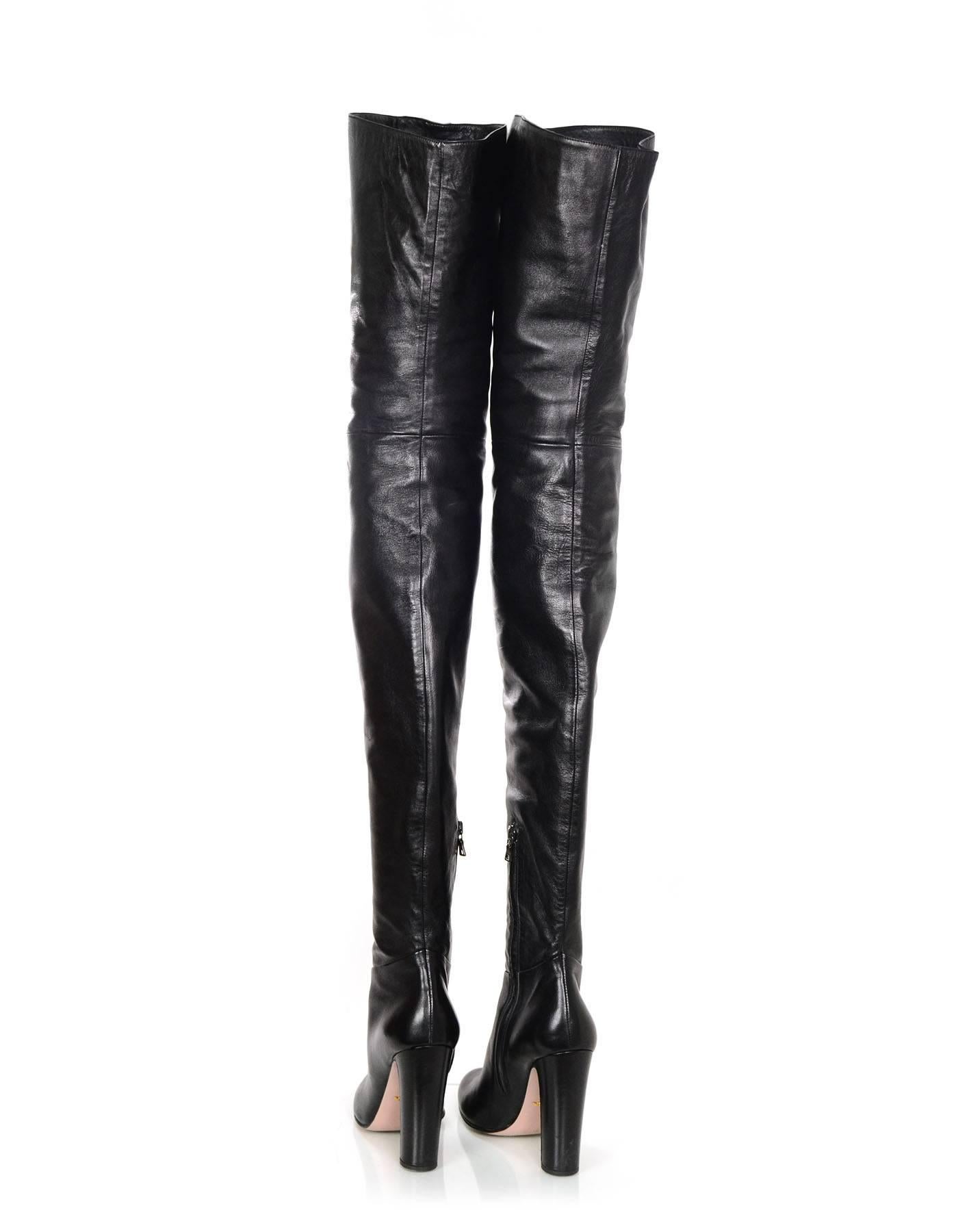 Prada Black Leather Thigh-High Heeled Boots sz 37 w/ Box In Excellent Condition In New York, NY