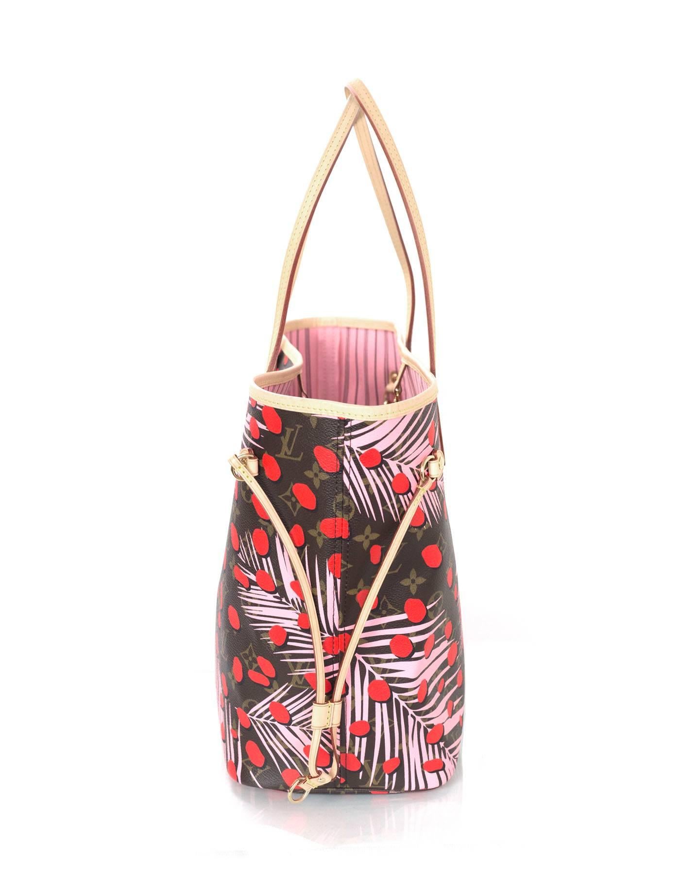 Louis Vuitton '16 Palm Spring Jungle Neverfull MM
Features pink palm leaves and red dots printed throughout on top of monogram coated canvas

Made In: France
Year of Production: 2016
Color: Brown, red, and pink
Hardware: Goldtone
Materials: Leather