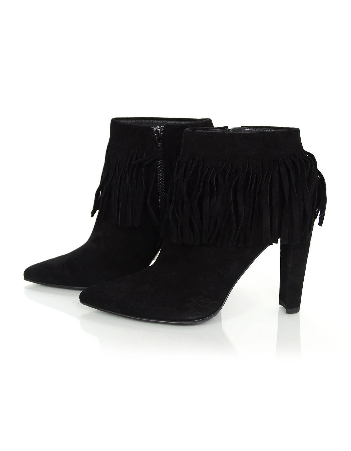 100% Authentic Stuart Weitzman "Fringetimes" Black Bootie. Features black fringe, pointed toe, curved heel, rubber sole and inside zipper.

Made In: Spain
Color: Black
Materials: Suede and rubber
Closure/Opening: Inside ankle zipper
Sole