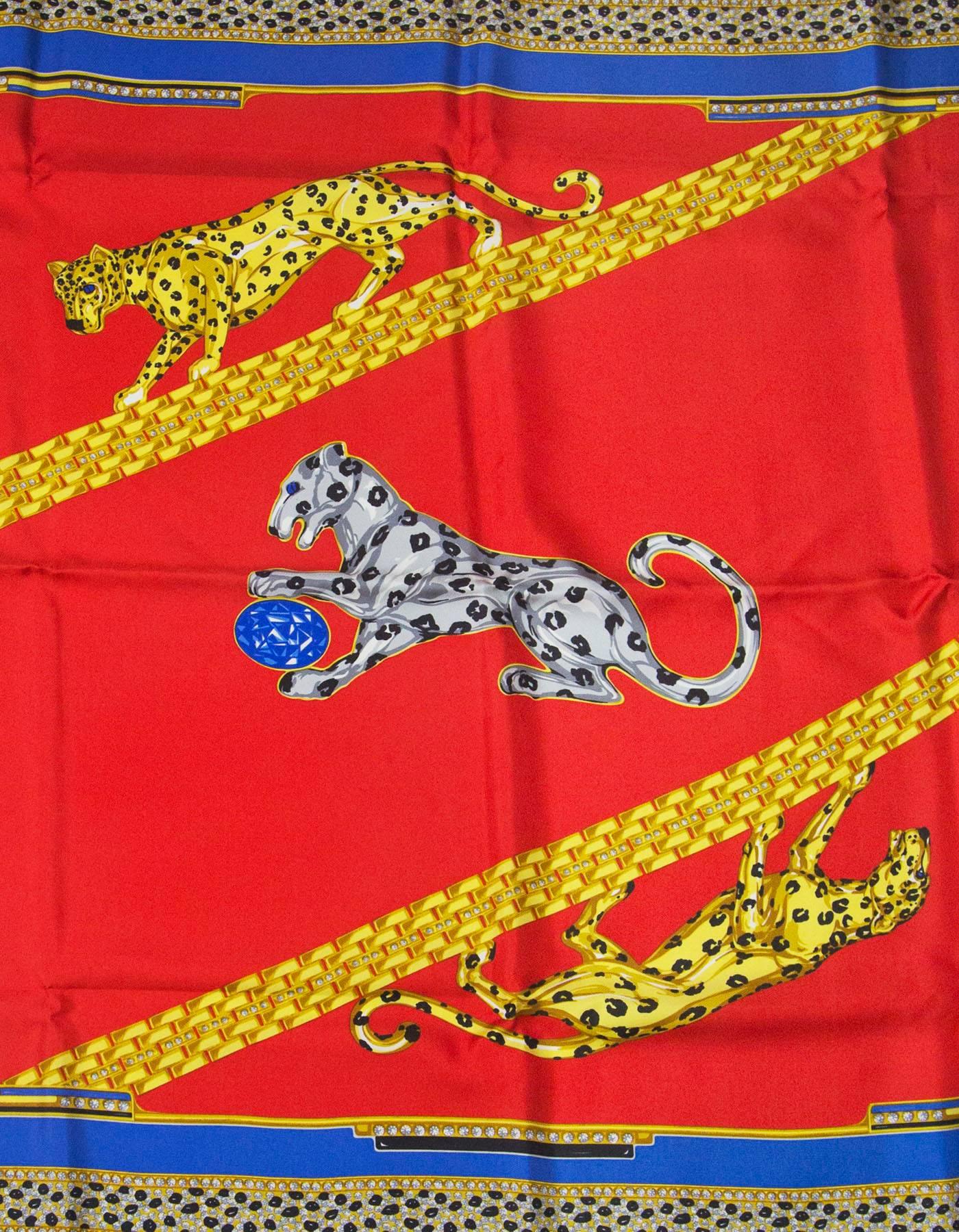 Cartier Red/Green/Gold/Blue Silk Panther Print Scarf 34