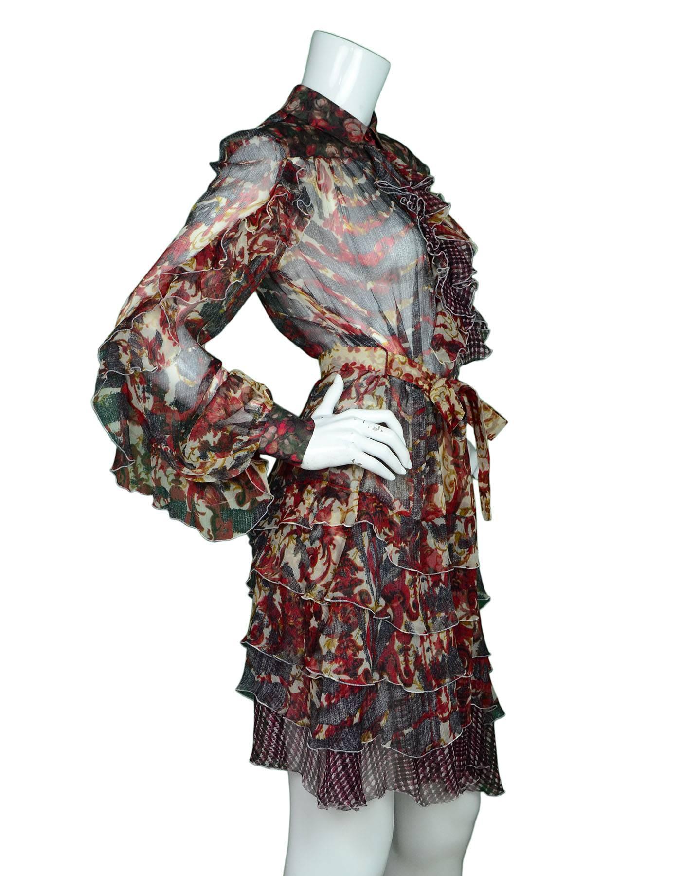 Just Cavalli NEW Multi-Color Sheer Silk Dress 
Features ruffles down sleeves and matching silk waist belt tie
Made In: Italy
Color: Red, black, green, peach
Composition: 100% silk
Lining: None
Closure/Opening: Pull over with button down at