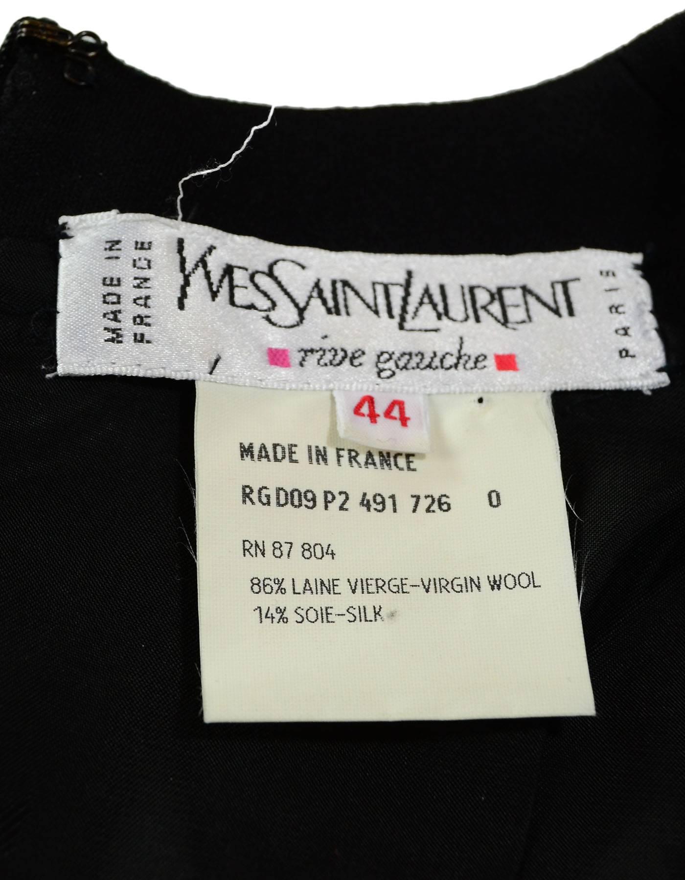 Yves Saint Laurent Black Wool V Neck Dress sz 44 In Excellent Condition In New York, NY