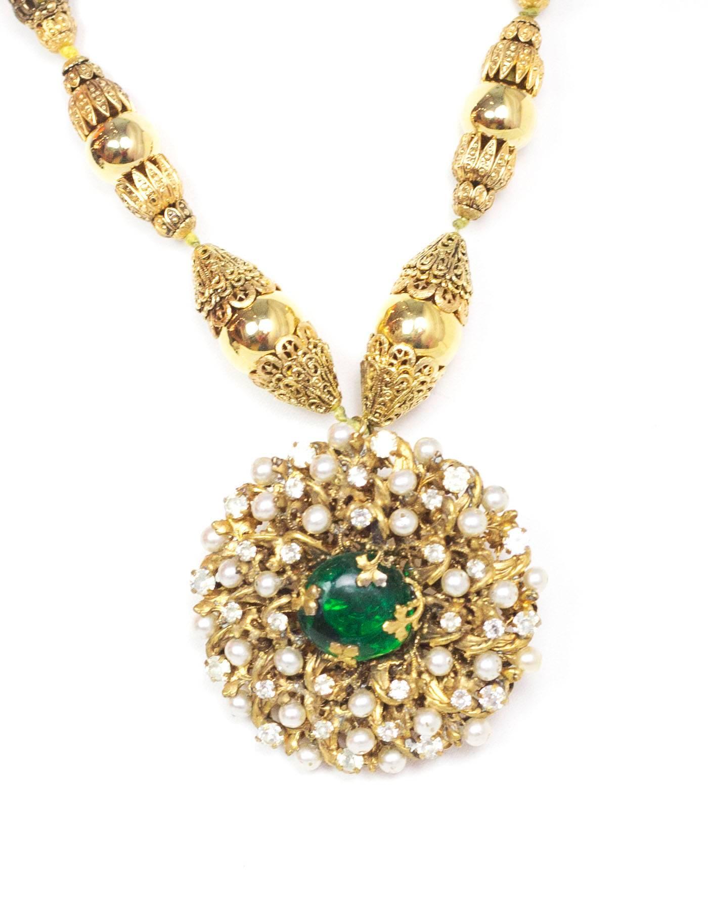 Women's or Men's Chanel Collectors 3 Star Couture Faux Pearl And Green Gripoix Necklace