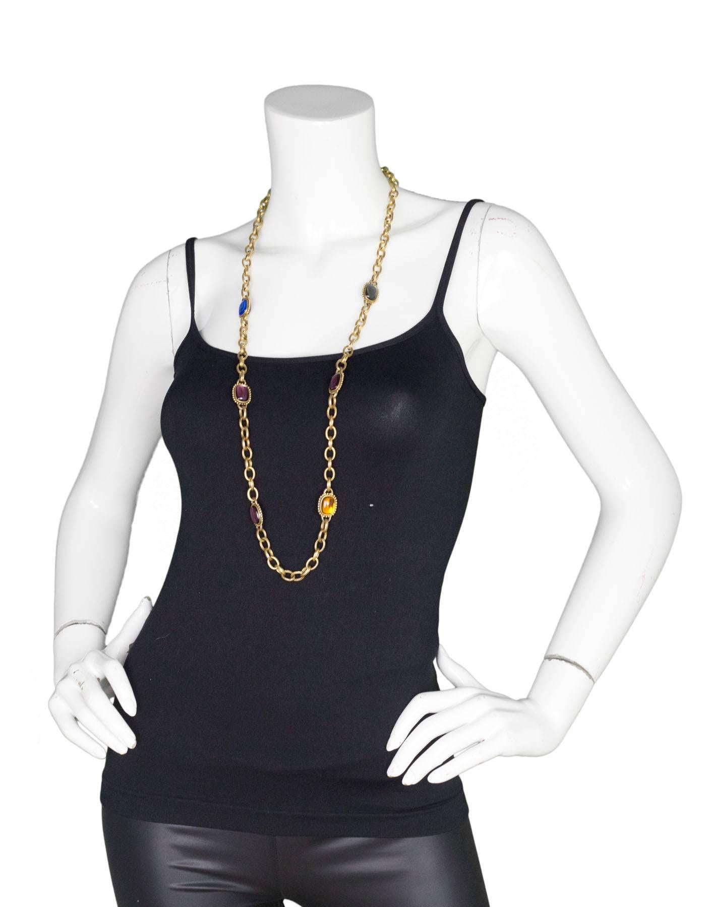 100% Authentic Yves Saint Laurent Vintage Chain Necklace. Features single-strand chain with multi-colored glass beads. Hook closure with YSL logo. Excellent pre-owned condition.

Color: Gold, multi
Materials: Metal, glass
Closure: Hook and