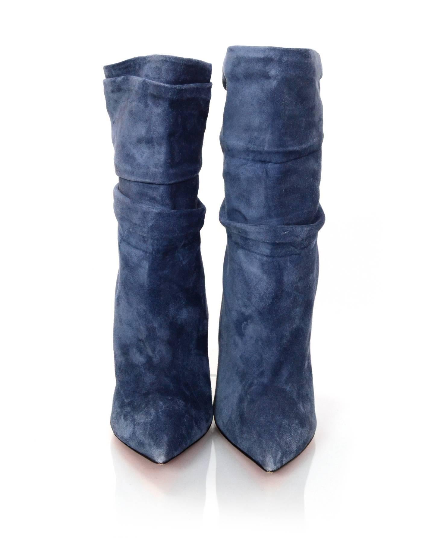 Christian Louboutin Blue Suede Short Ruched Boots sz 41 w/DB In Excellent Condition In New York, NY