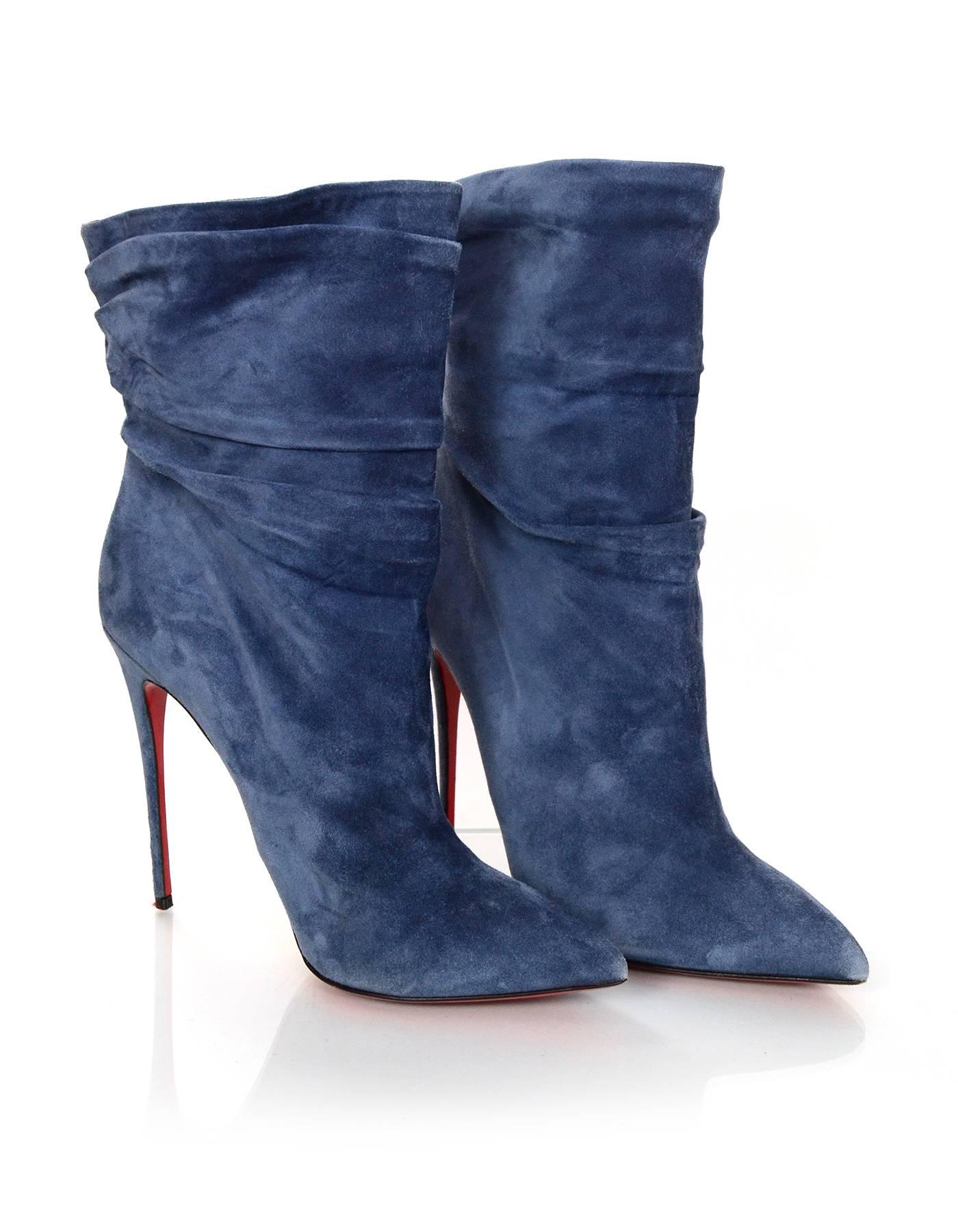 Women's Christian Louboutin Blue Suede Short Ruched Boots sz 41 w/DB