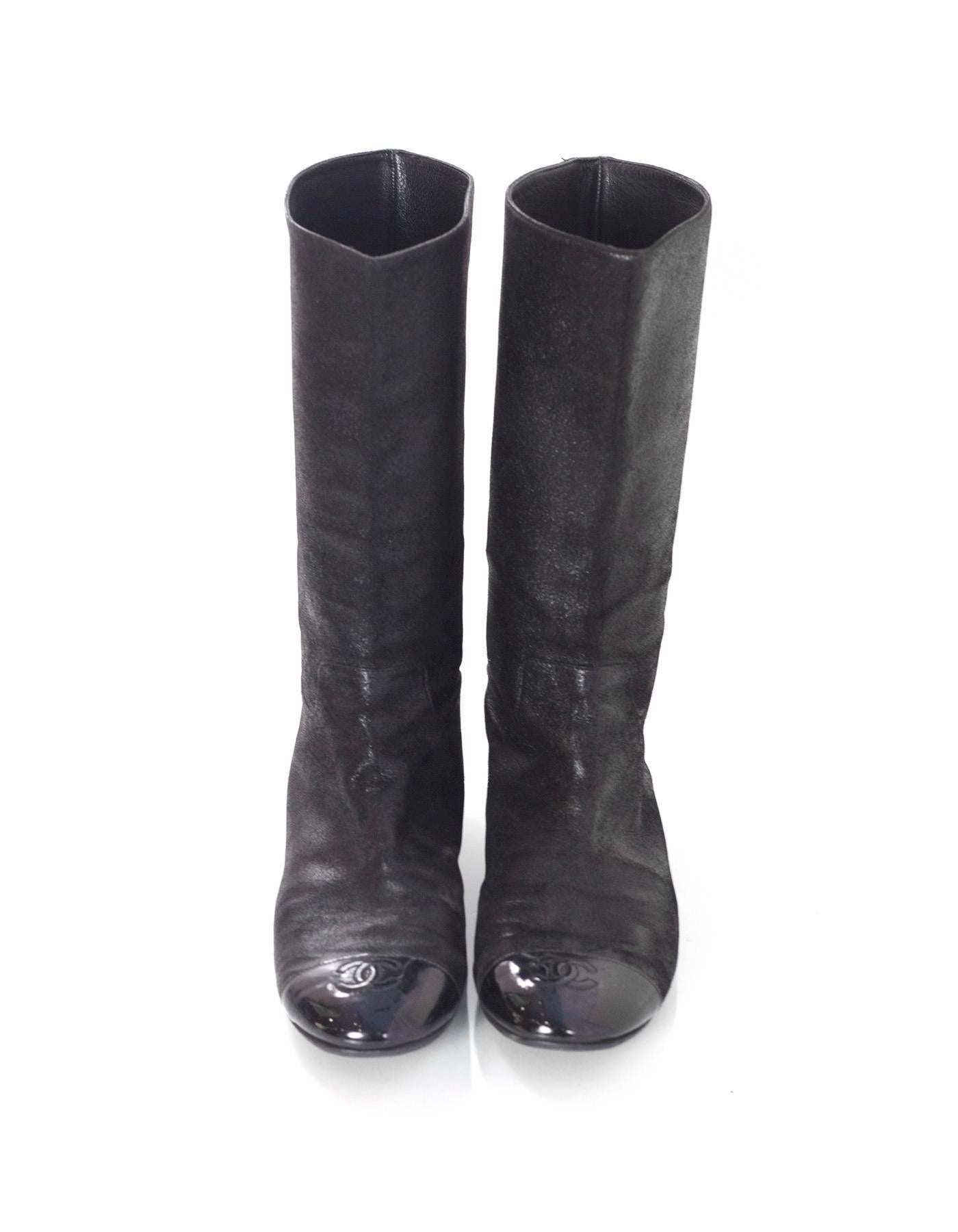 Chanel Black Iridescent Sueded Leather Boots sz 38 w/BOX In Excellent Condition In New York, NY