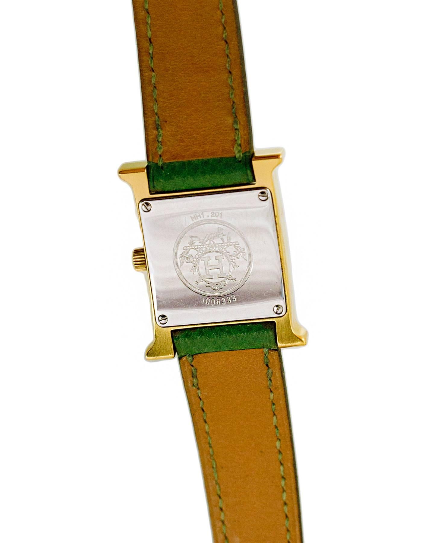 Women's or Men's Hermes Vintrage Green Leather and Goldtone PM Heure H Watch