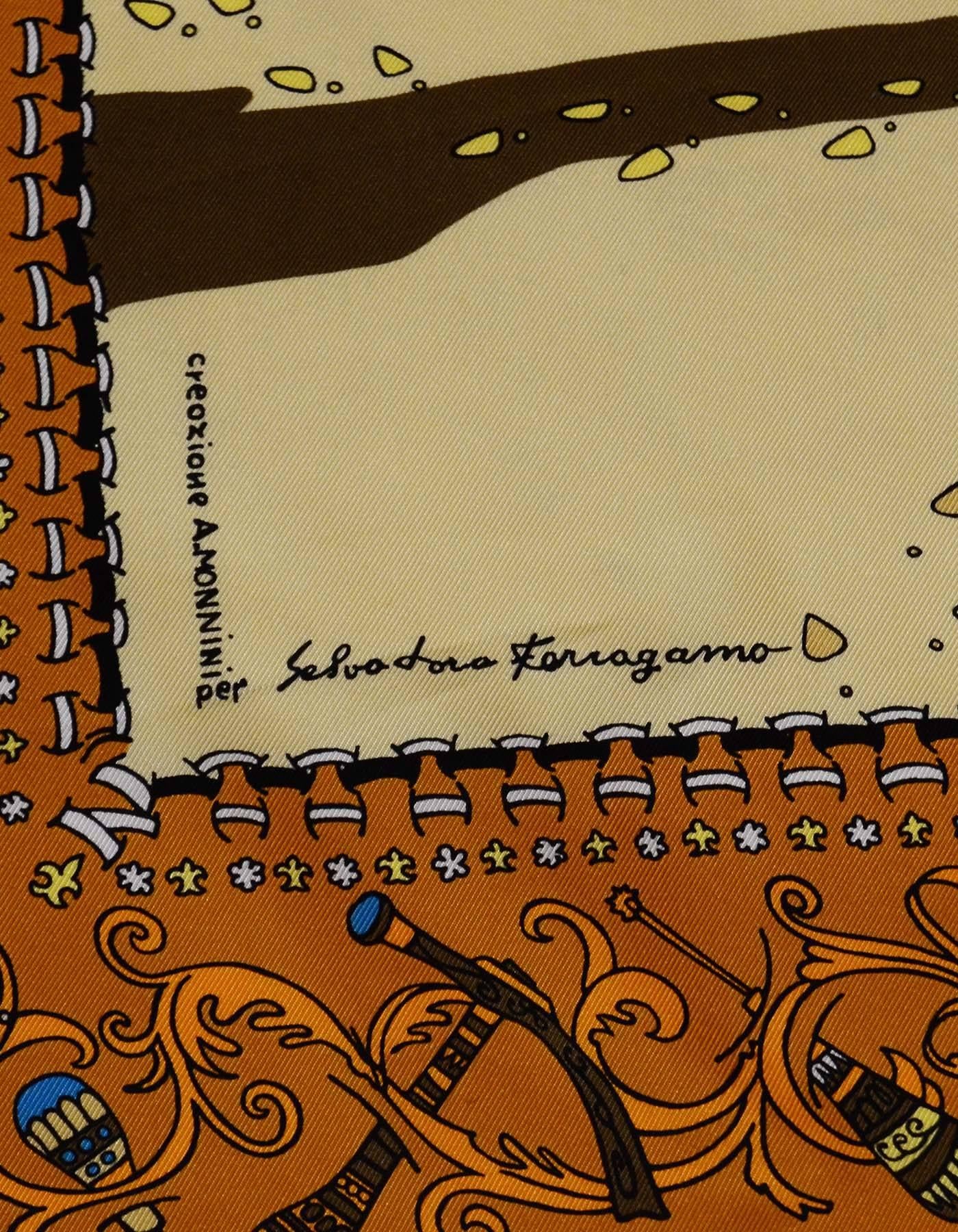 Brown Salvatore Ferragamo Multi-Colored Printed Silk Scarf