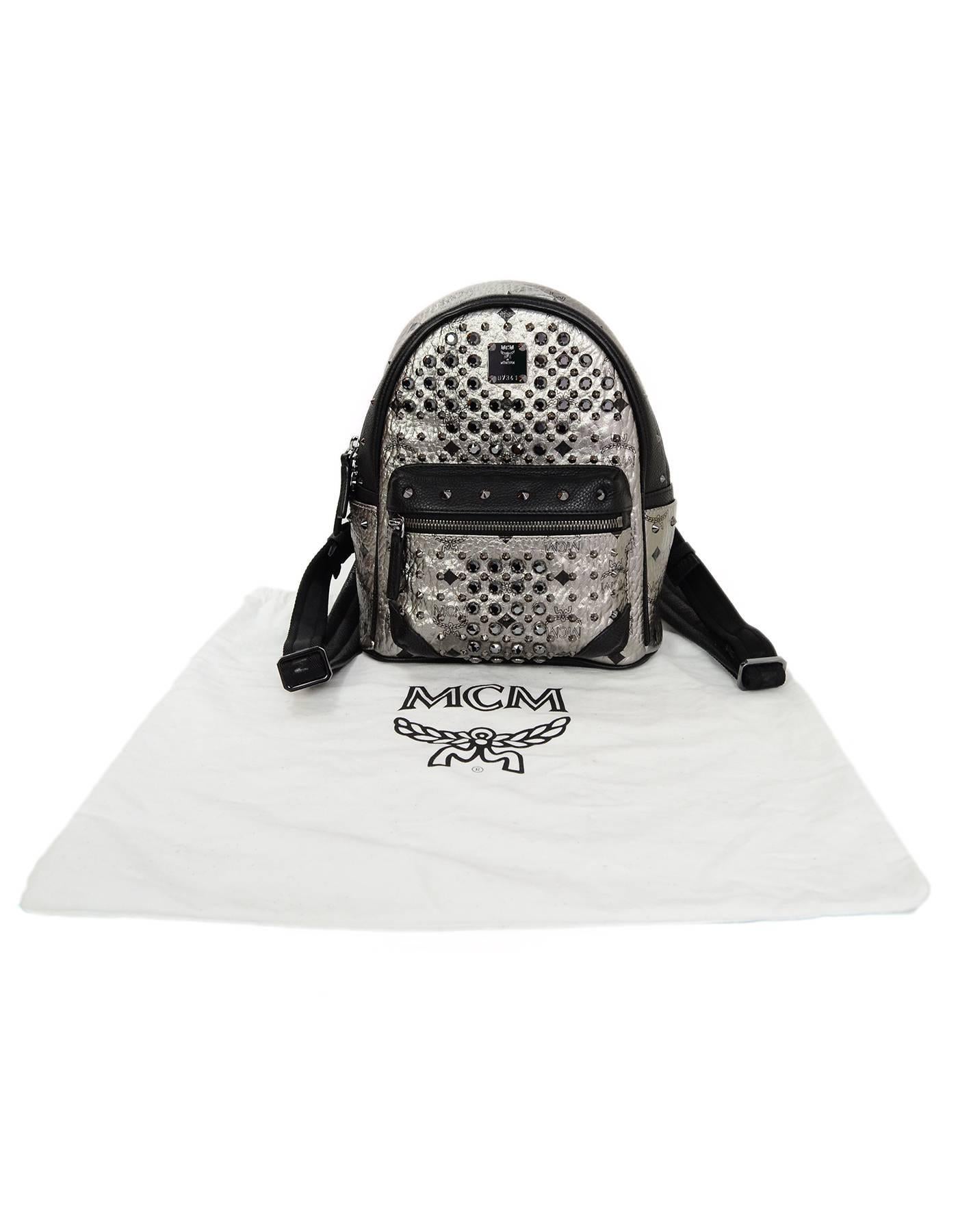 MCM Silver Canvas Monogram Black Crystal Studded Mini Backpack Bag 1