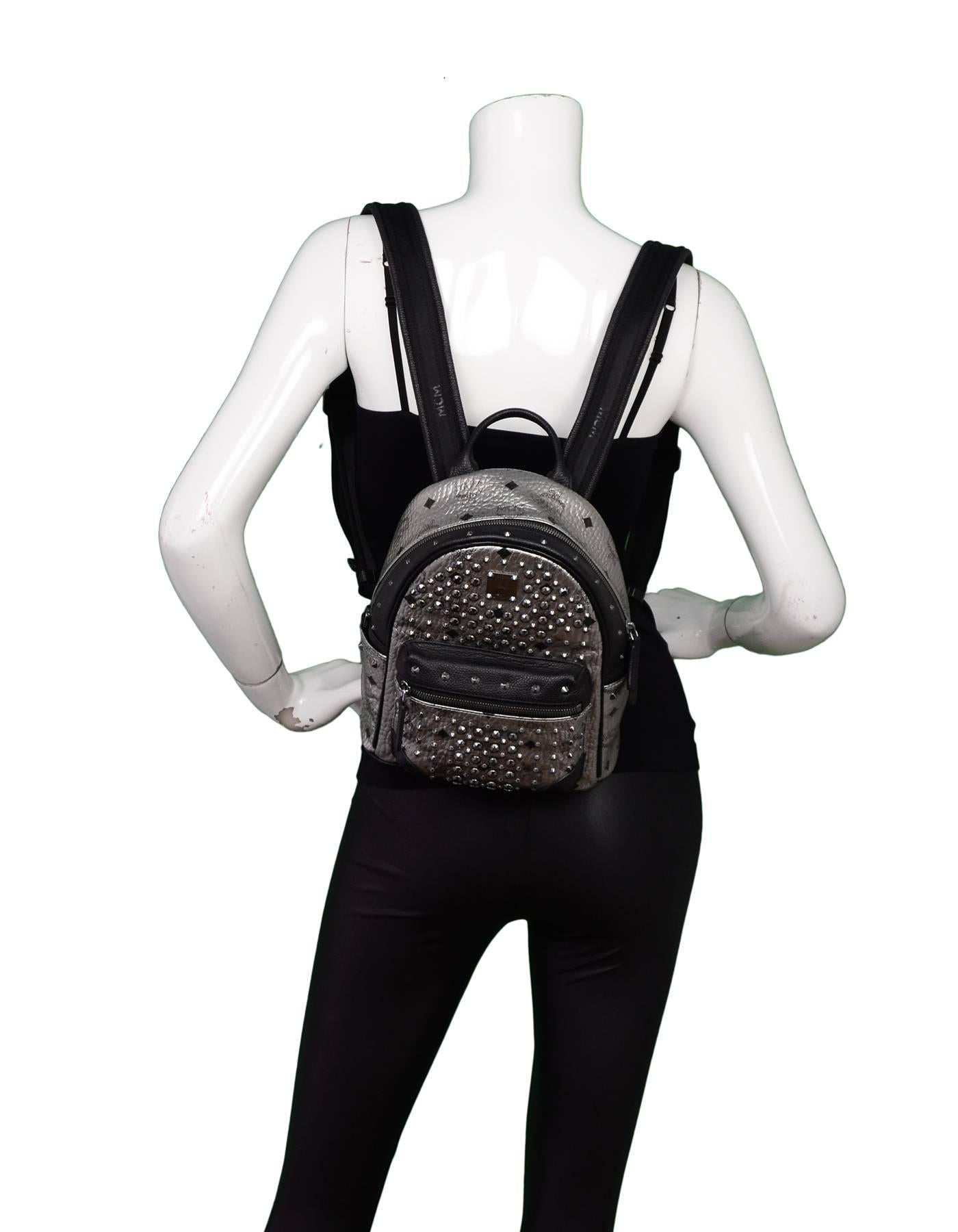 MCM Silver Canvas Monogram Black Crystal Studded Mini Backpack Bag 2