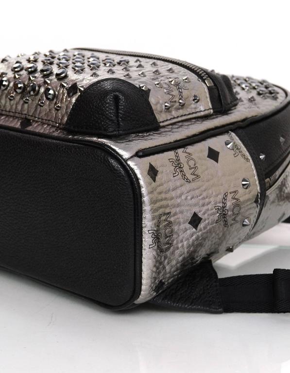 MCM Silver Canvas Monogram Black Crystal Studded Mini Backpack Bag at