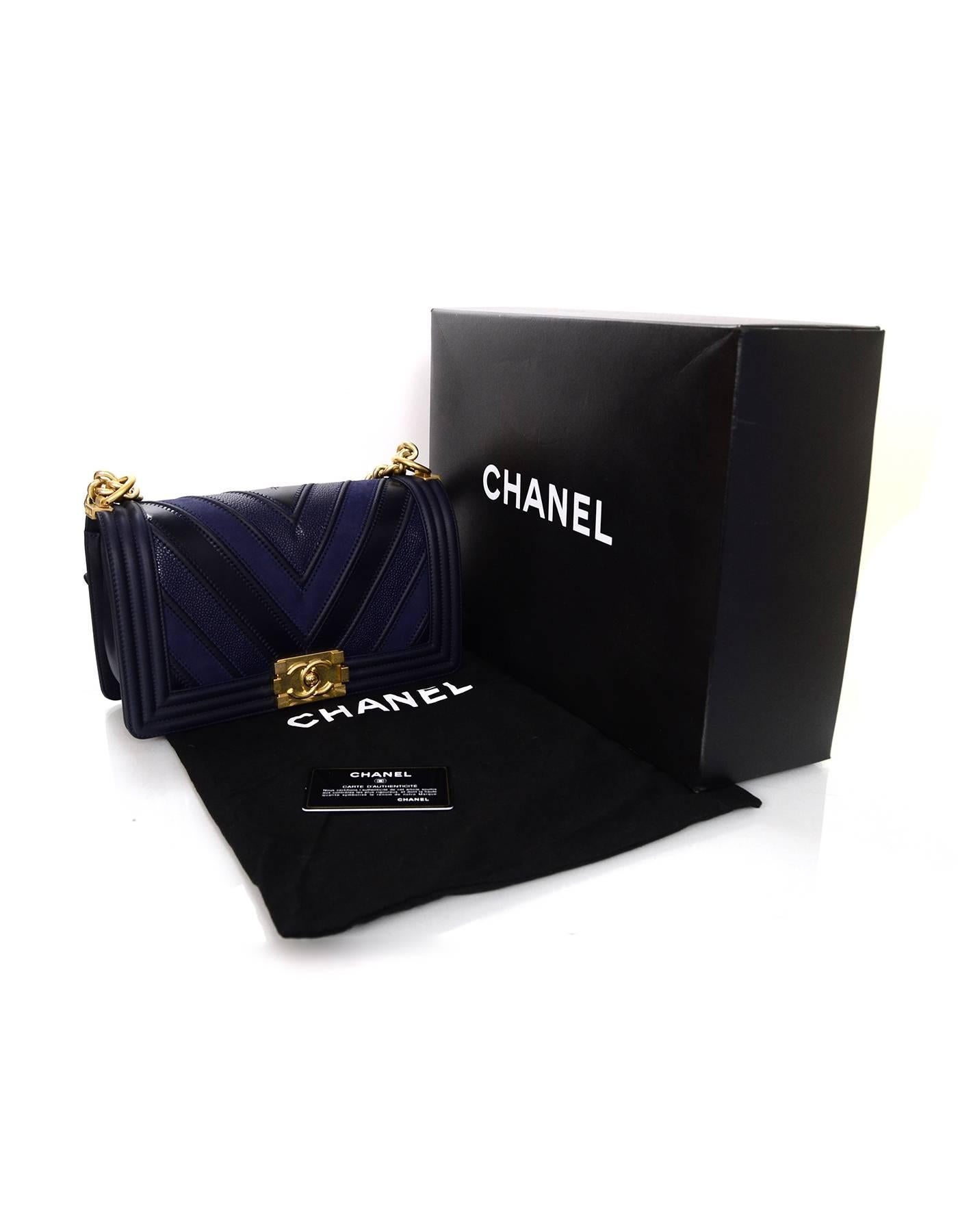 Chanel 2016 Navy Mixed Leather Patchwork Chevron Old Medium Boy Bag GHW 3