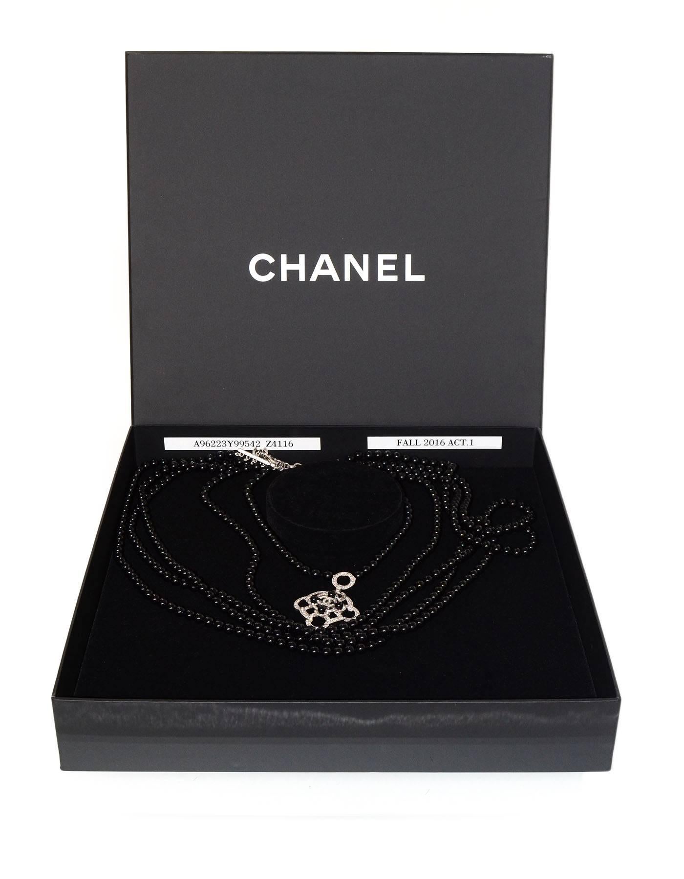 Chanel 2016 Black Beaded 5 Strand Necklace w/ Crystal CC Camellia 2