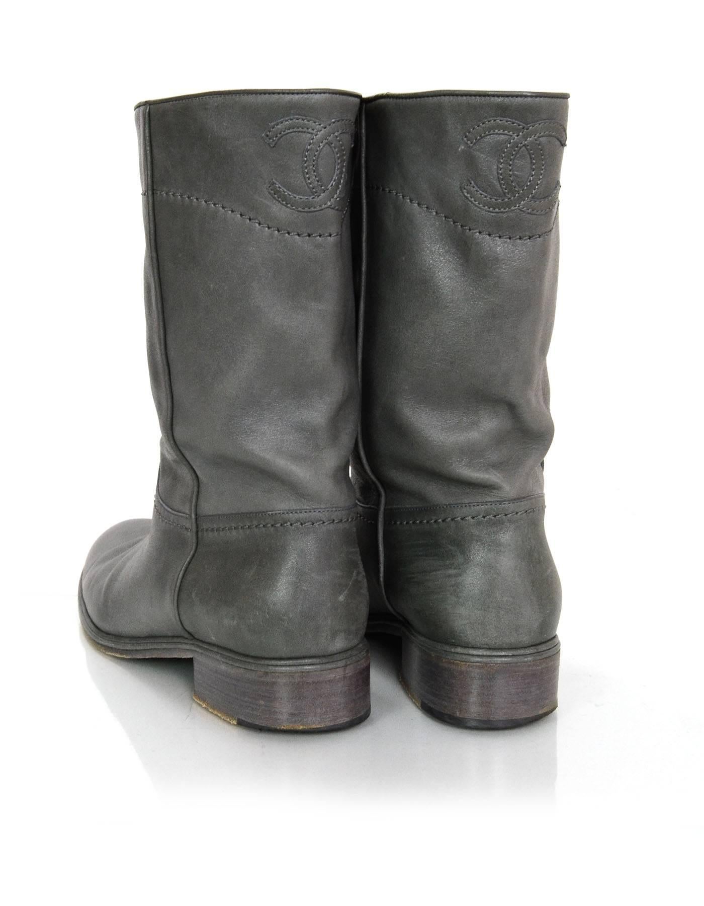 Chanel Grey Leather Calf-High Boots sz 41 In Good Condition In New York, NY