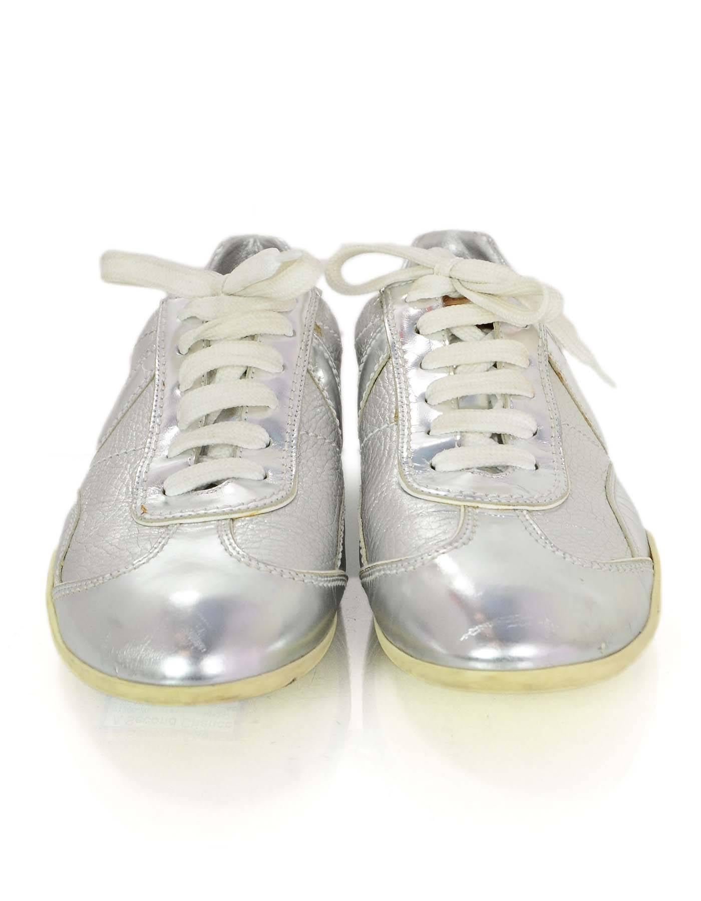 100% Louis Vuitton Silver Leather Sneakers sz 37. Features mixed texture silver leather with embroidered 