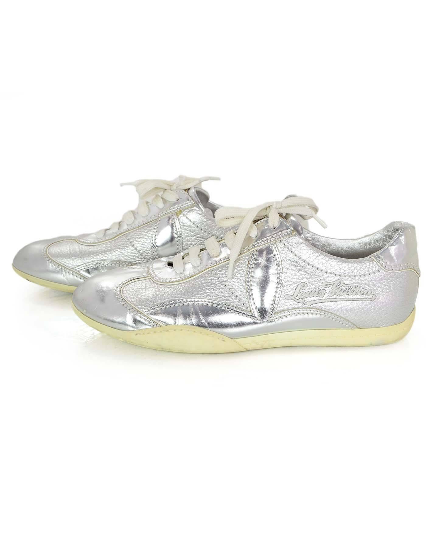 Louis Vuitton Silver Leather Lace Up Sneakers sz 37 In Excellent Condition In New York, NY