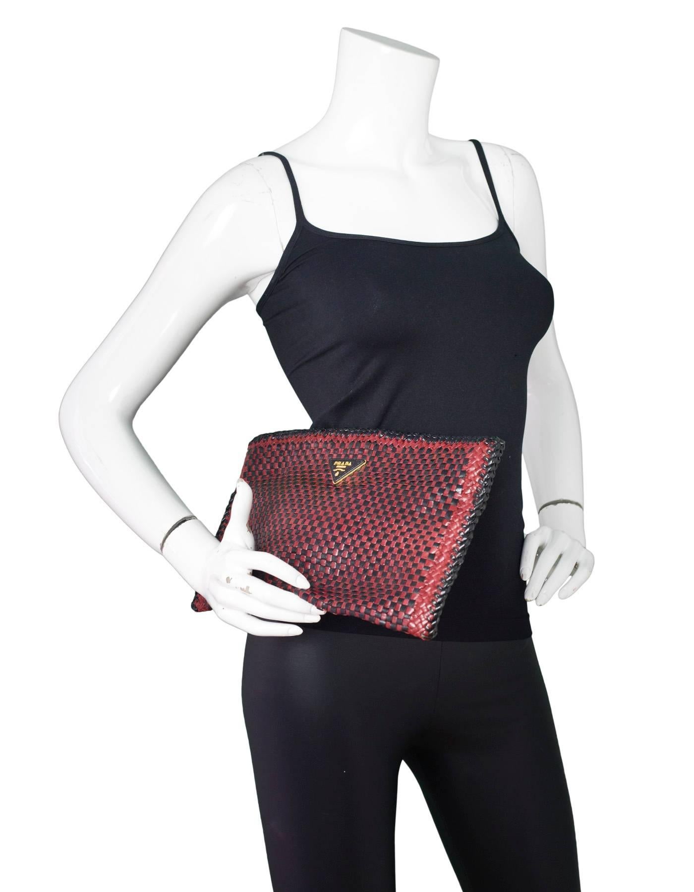 Prada Black & Burgundy Woven Leather Madras Clutch Bag 3