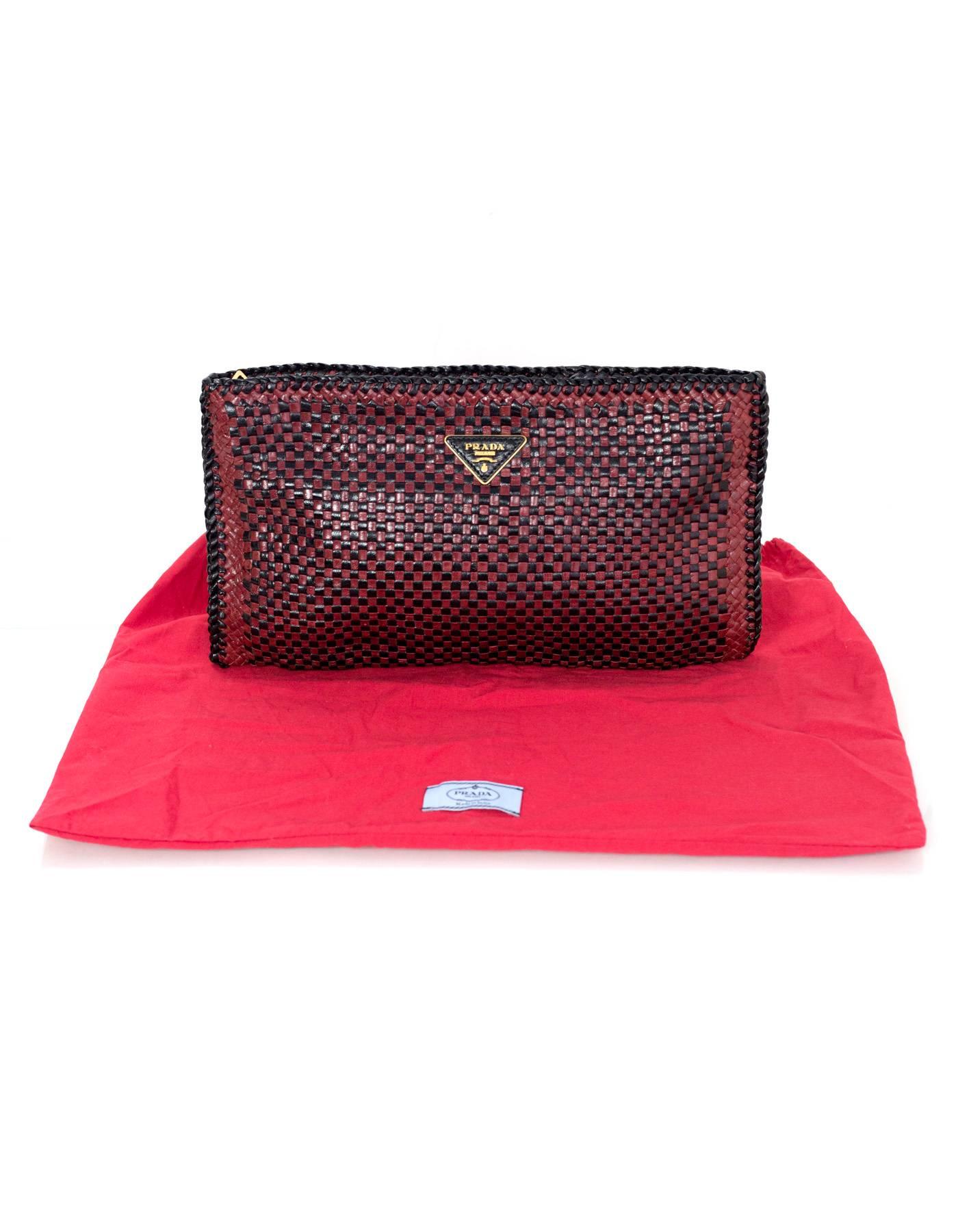 Prada Black & Burgundy Woven Leather Madras Clutch Bag 2