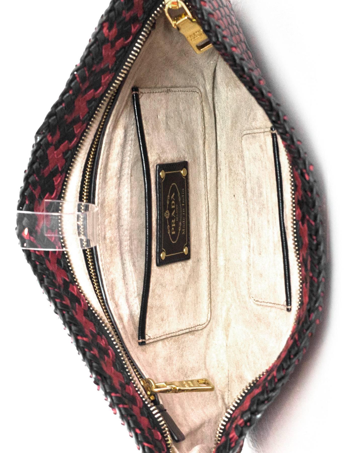 Prada Black & Burgundy Woven Leather Madras Clutch Bag In Excellent Condition In New York, NY