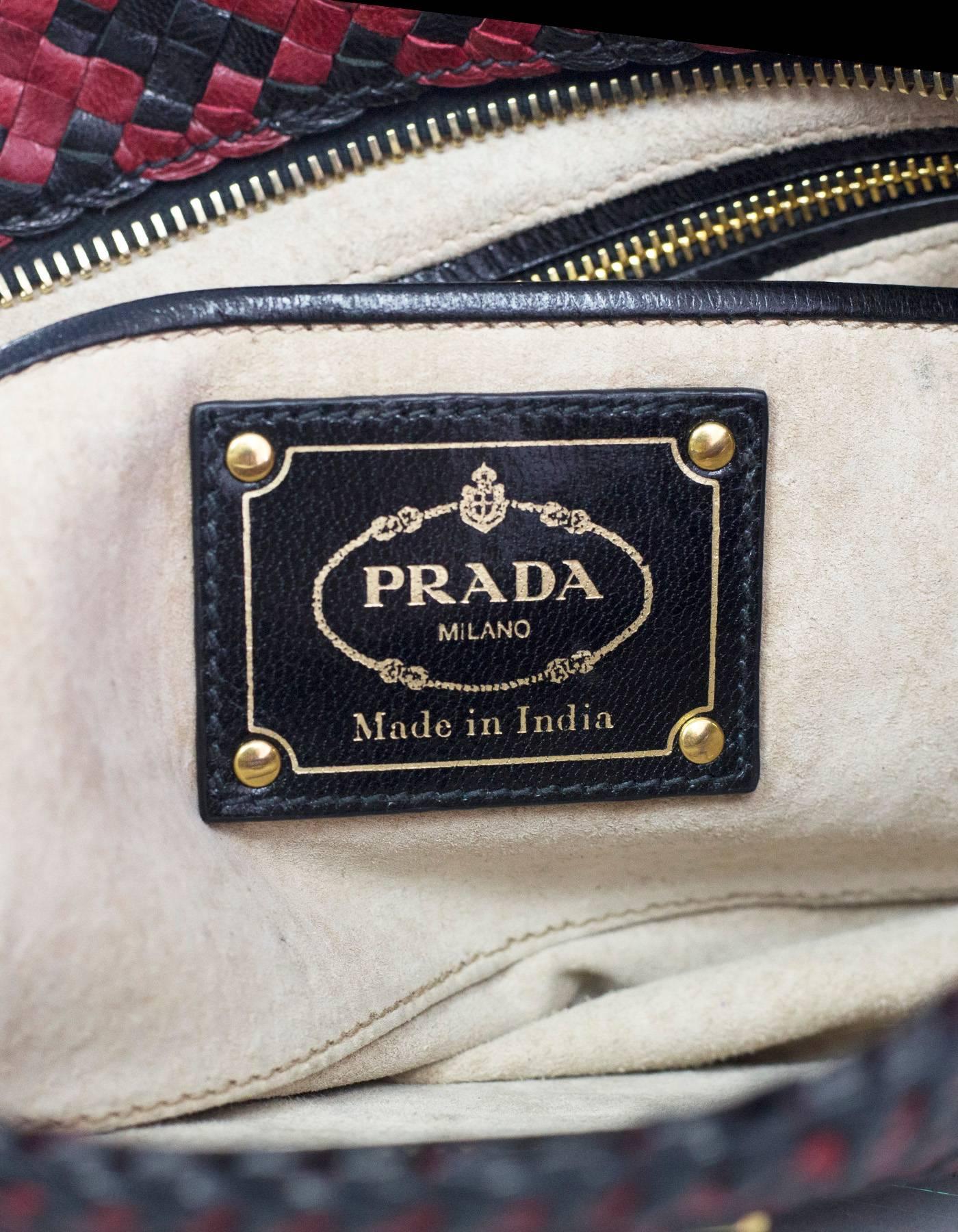 Women's Prada Black & Burgundy Woven Leather Madras Clutch Bag