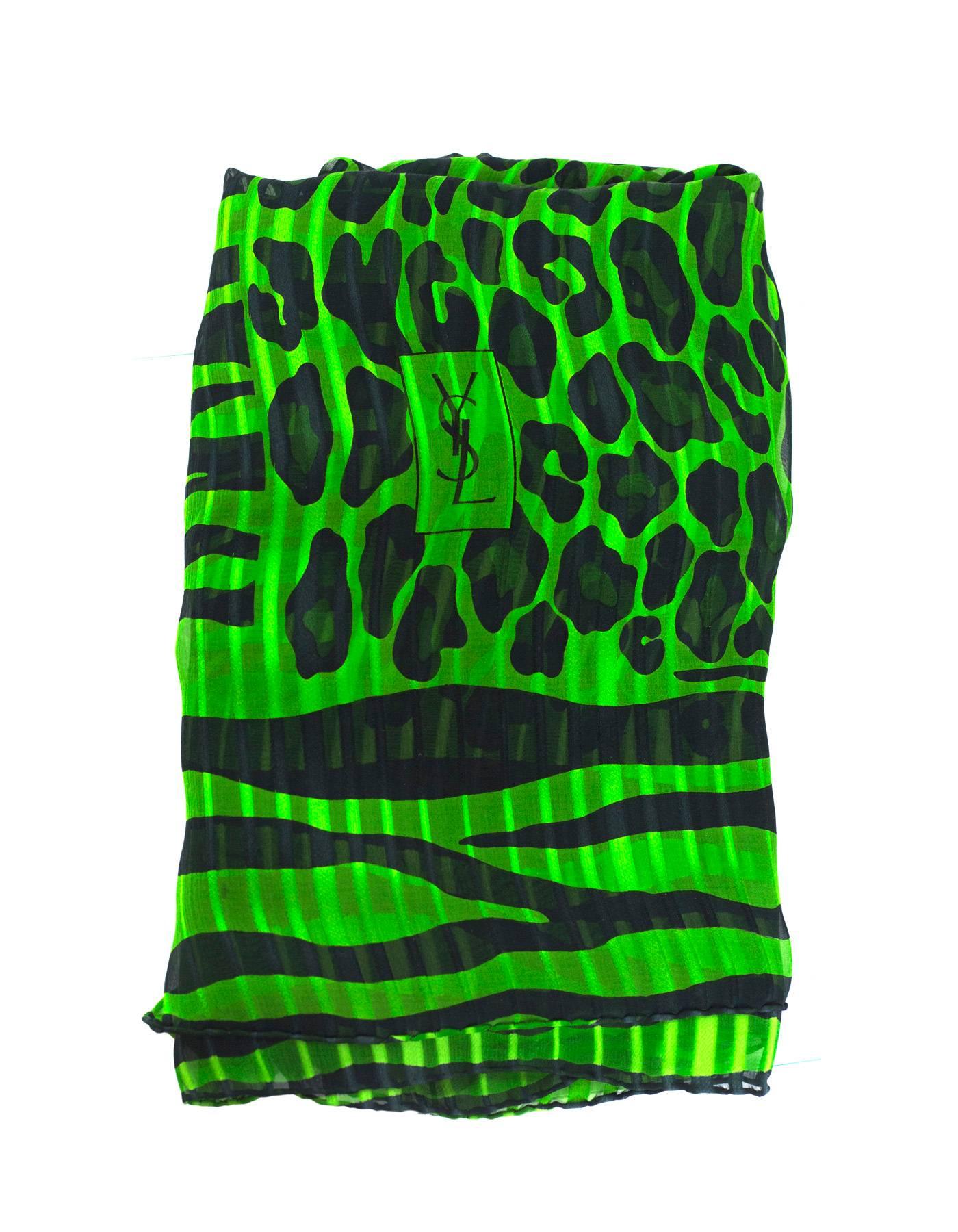 Yves Saint Laurent YSL Vintage Green & Black Animal Print Silk Scarf In Excellent Condition In New York, NY