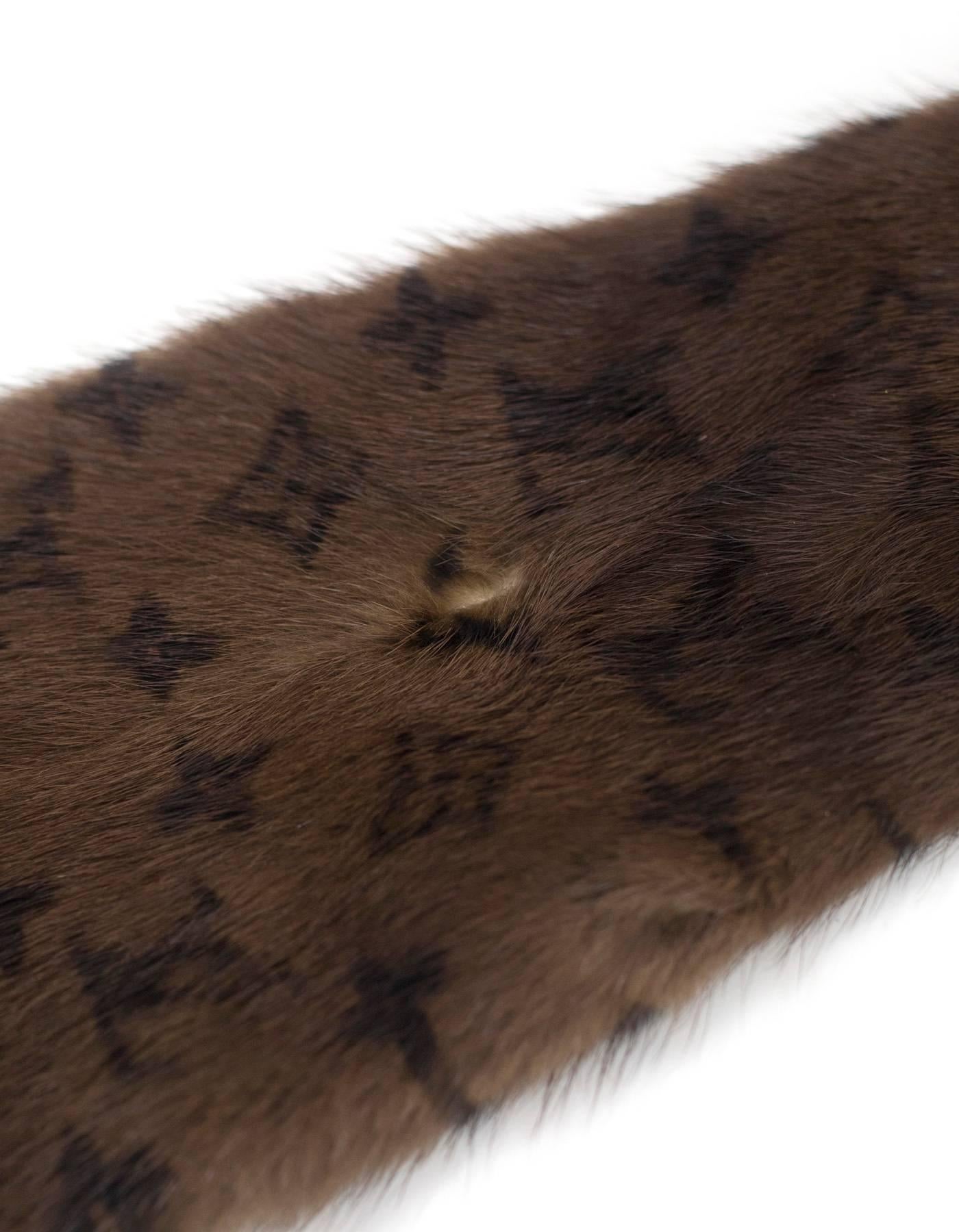 Louis Vuitton Brown Monogram Mink Fur Stole
Features dark LV monogram design throughout

Made In: France
Color: Brown
Composition: 100% mink fur
Overall Condition: Excellent pre-owned condition with the exception of faint perfume scent
Measurements: