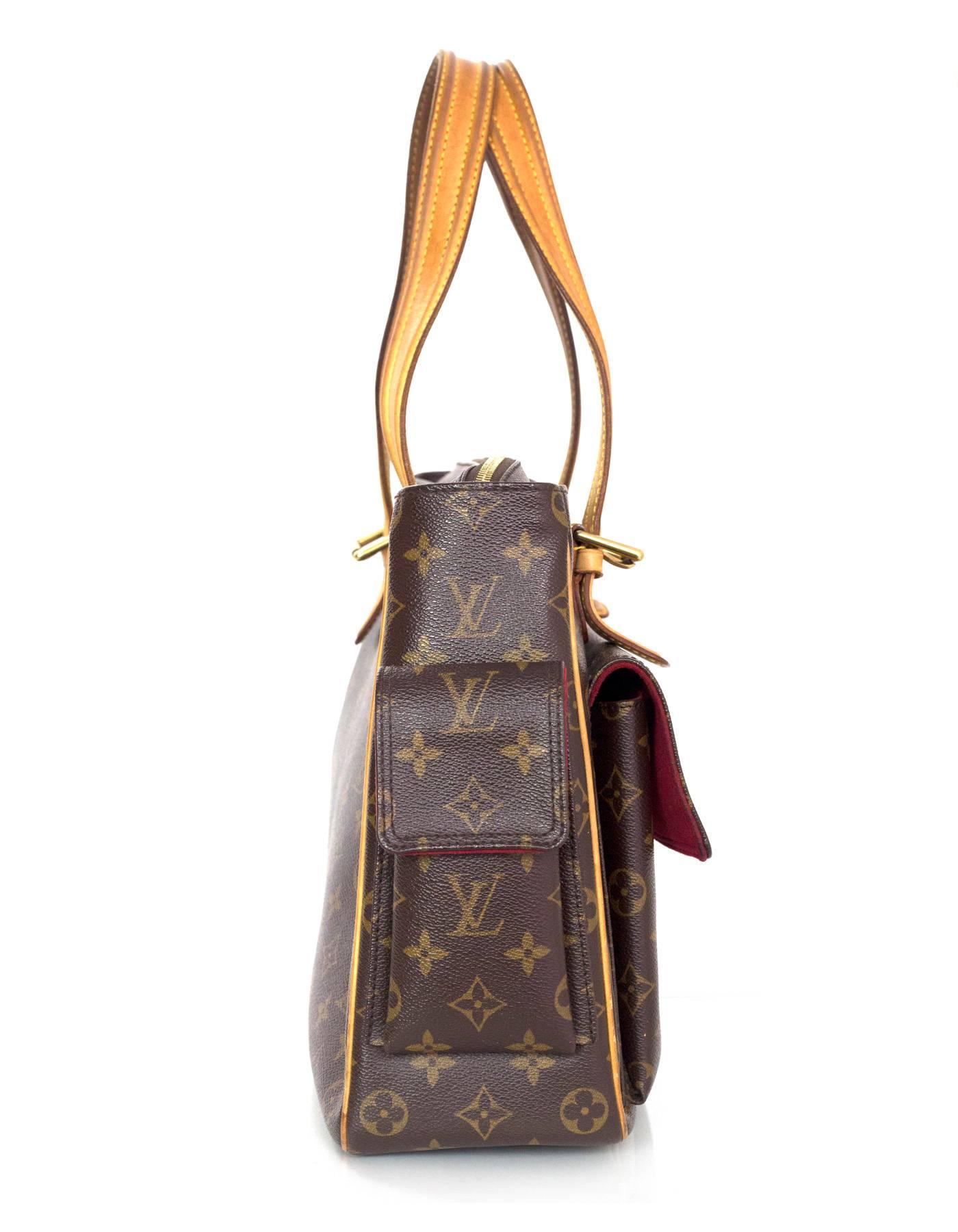 Louis Vuitton Monogram Multipli Cite Pocket Bag

Made In: USA
Color: Brown and tan
Hardware: Goldtone
Materials: Coated canvas and leather
Lining: Red microfiber
Closure/Opening: Zip across top
Exterior Pockets: Two front flap pockets
Interior