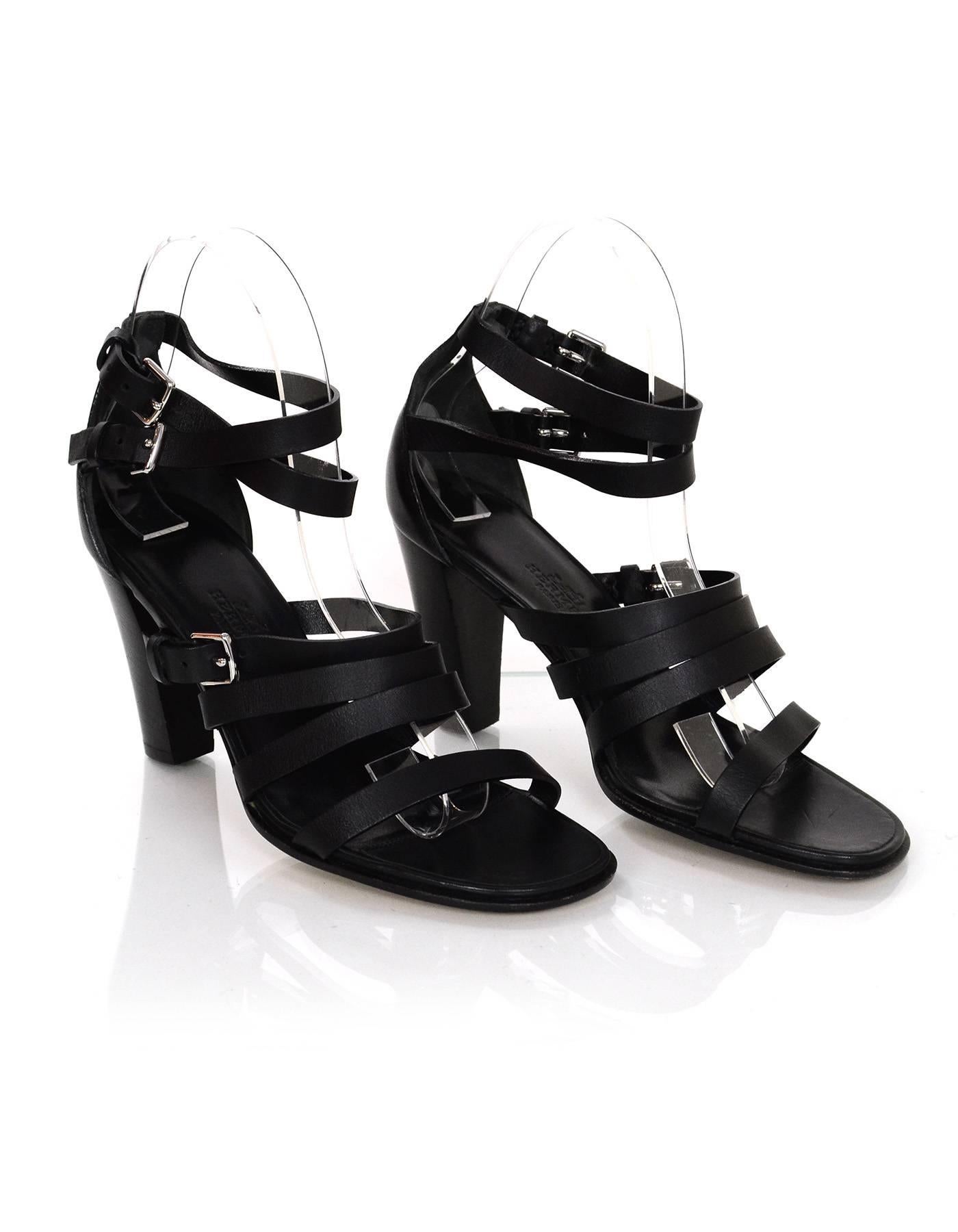 Women's Hermes Black Leather Strappy Sandals sz 36