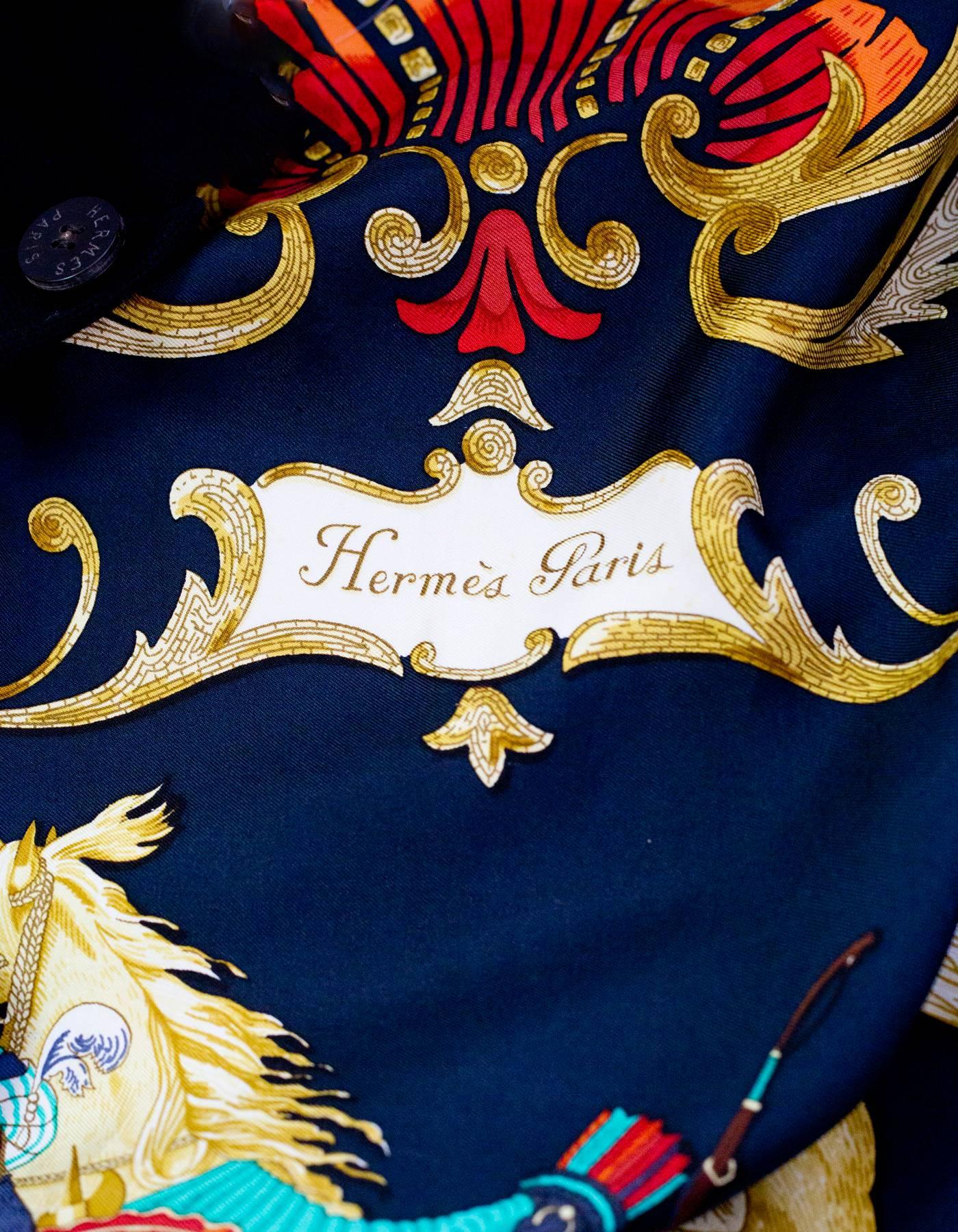 Hermes Black Cotton Knit Cardigan Sweater w/ Scarf Print Interior 3