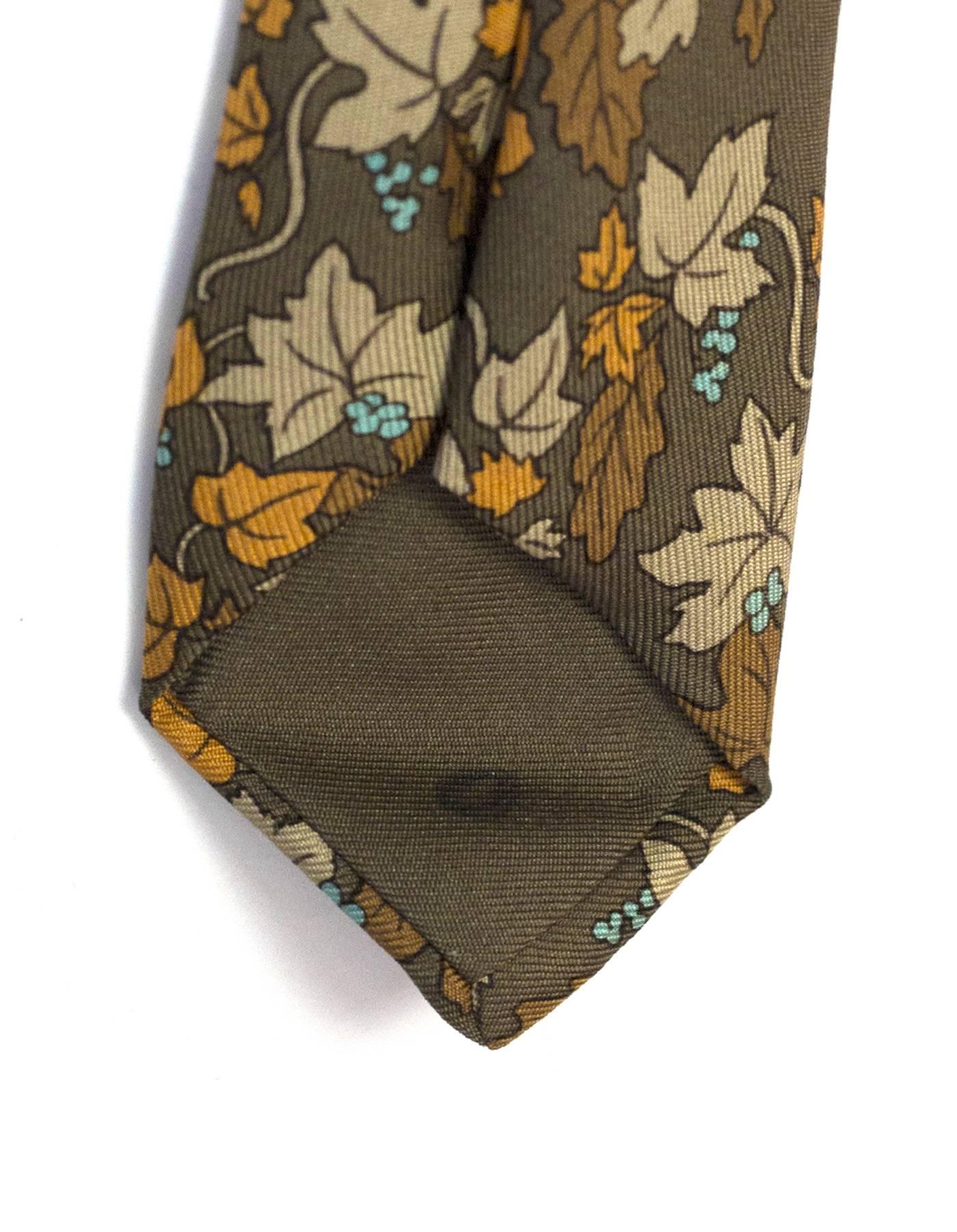 Brown Hermes Olive Autumn Leaves Printed Silk Tie