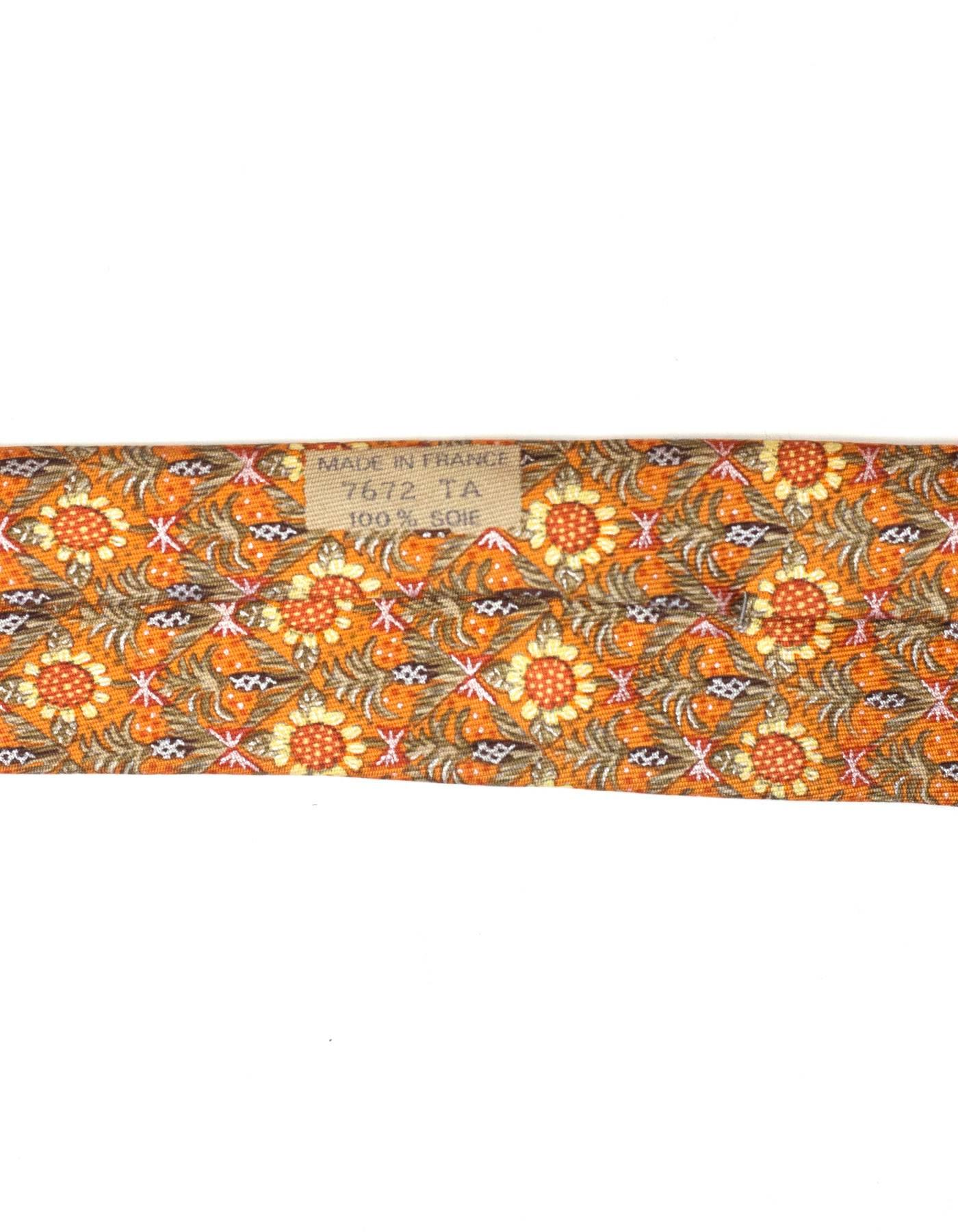 Hermes Orange Sunflower Print Silk Tie  In Excellent Condition In New York, NY