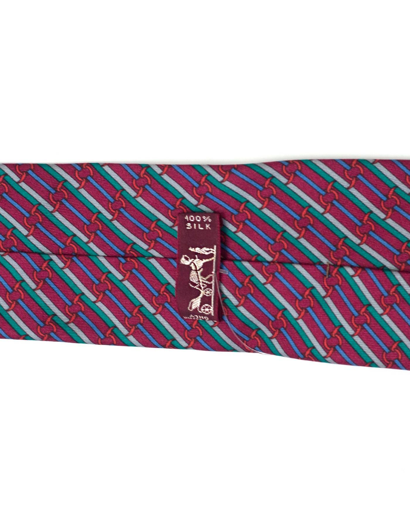Hermes Burgundy & Green Stripe Silk Tie In Excellent Condition In New York, NY