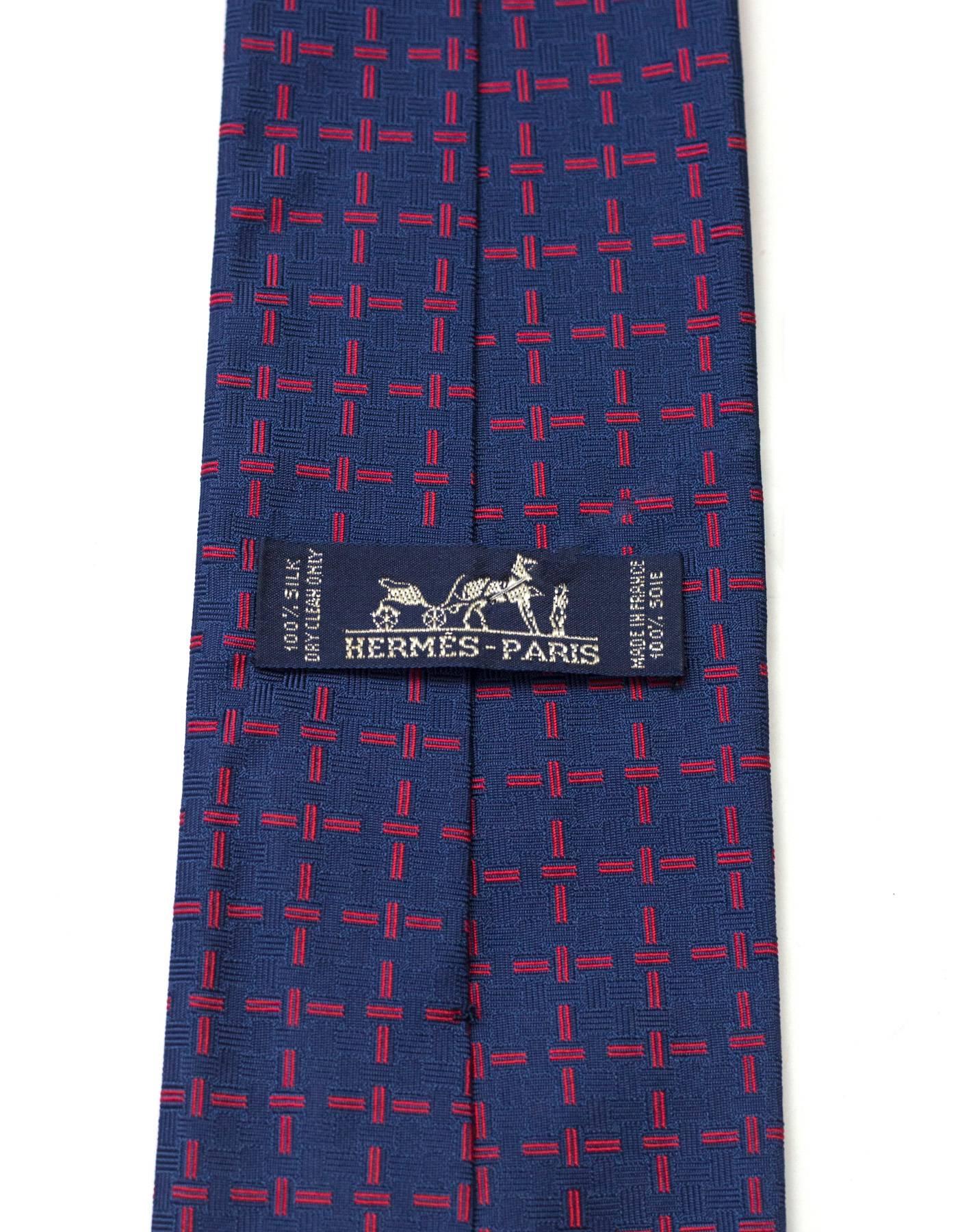 Hermes Navy & Red Stitch Print Silk Tie In Excellent Condition In New York, NY