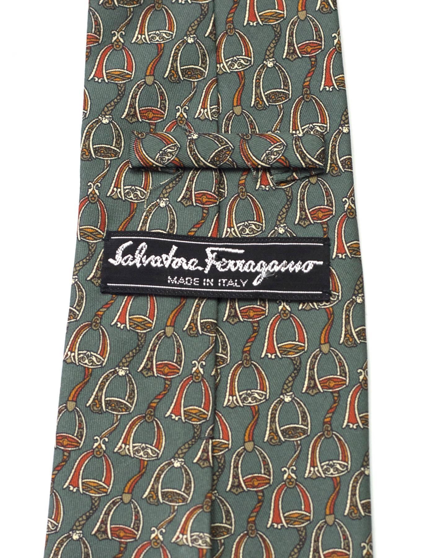 Salvatore Ferragamo Green Stirrup Print Silk Tie 1
