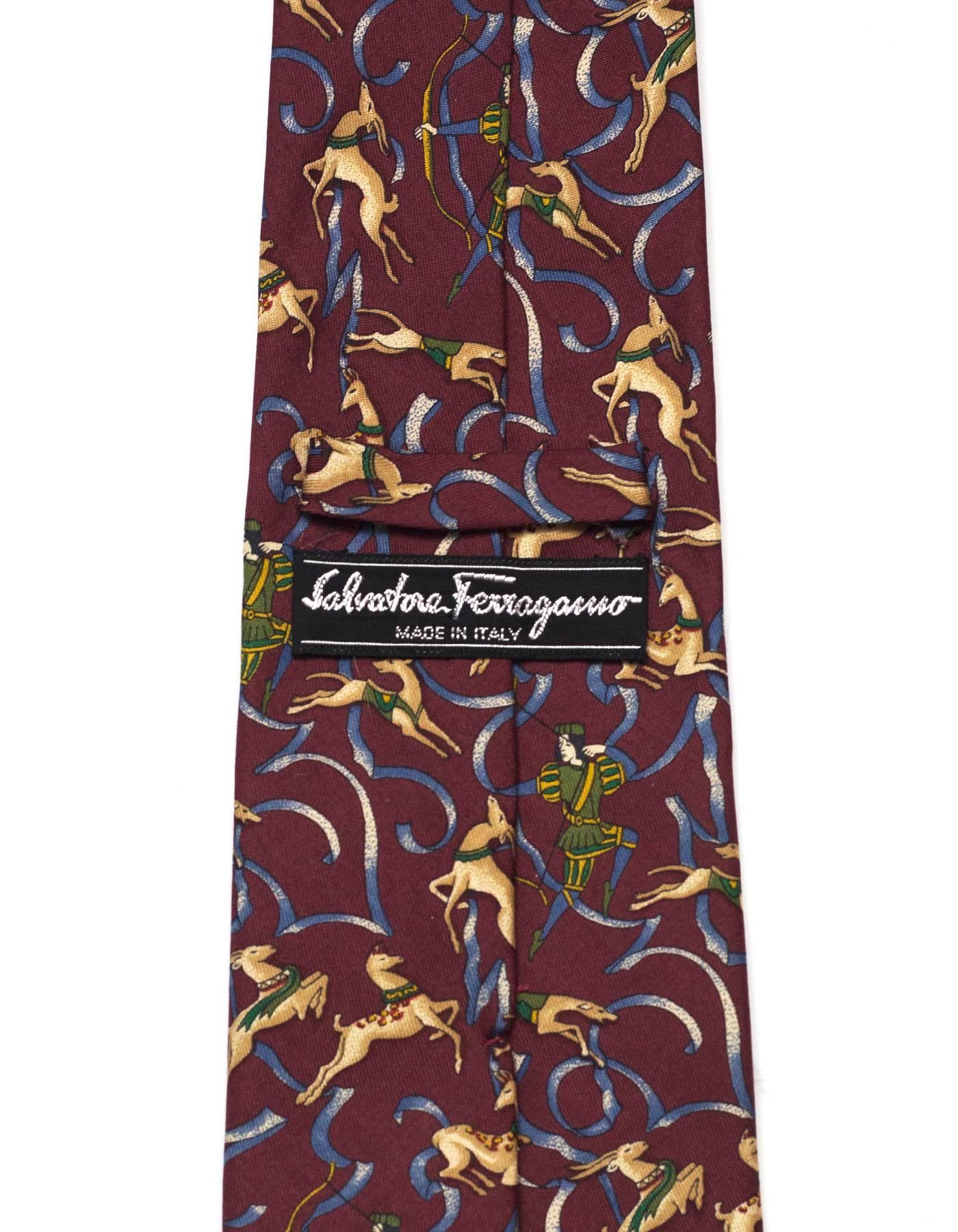 Brown Salvatore Ferragamo Burgundy Deer Hunting Print Silk Tie