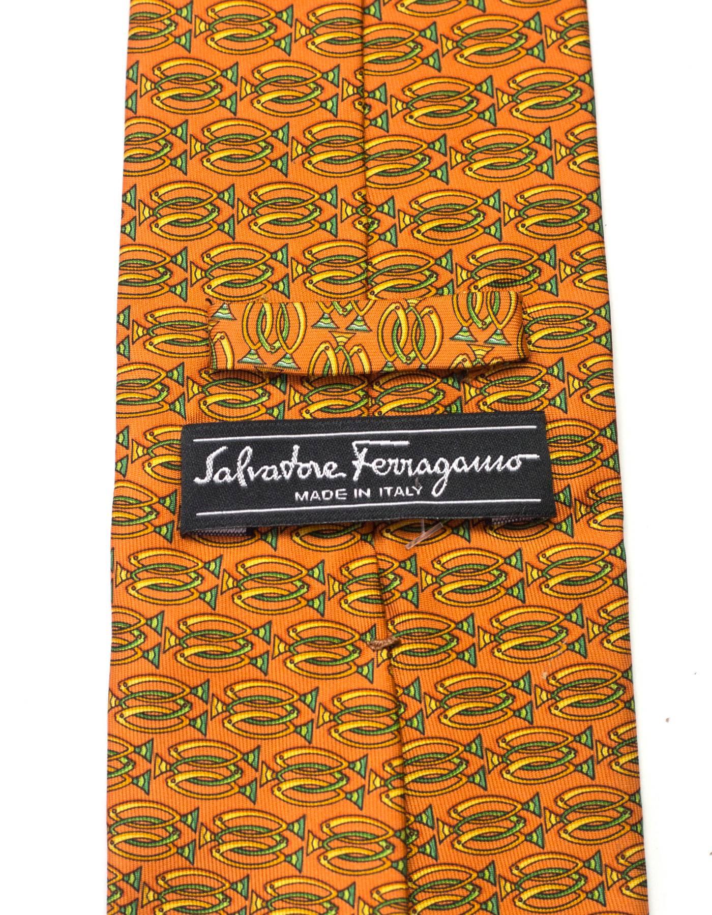 Salvatore Ferragamo Orange Fish Print Silk Tie In Excellent Condition In New York, NY