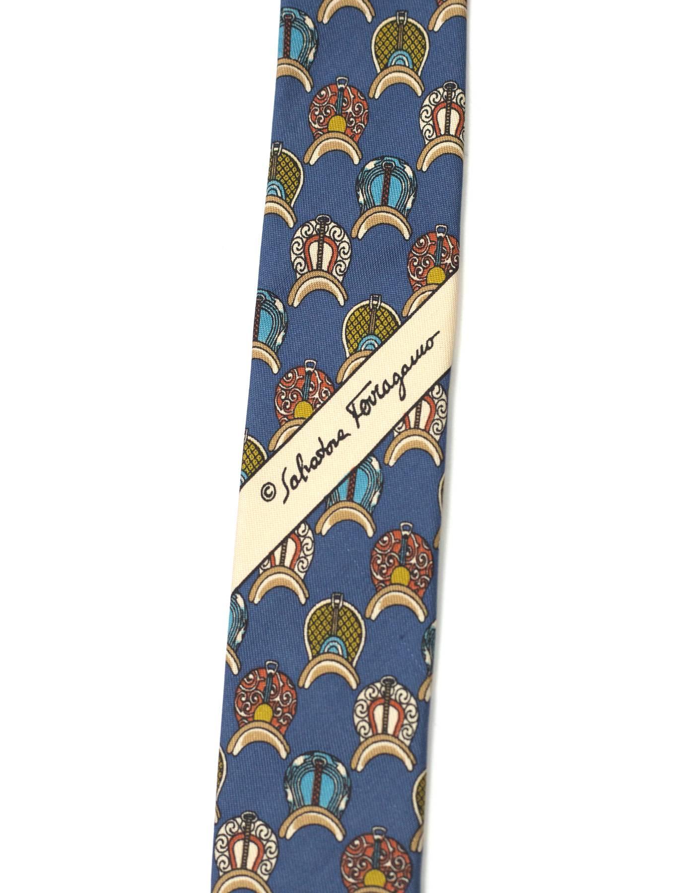 Gray Salvatore Ferragamo Blue Saddle Print Silk Tie