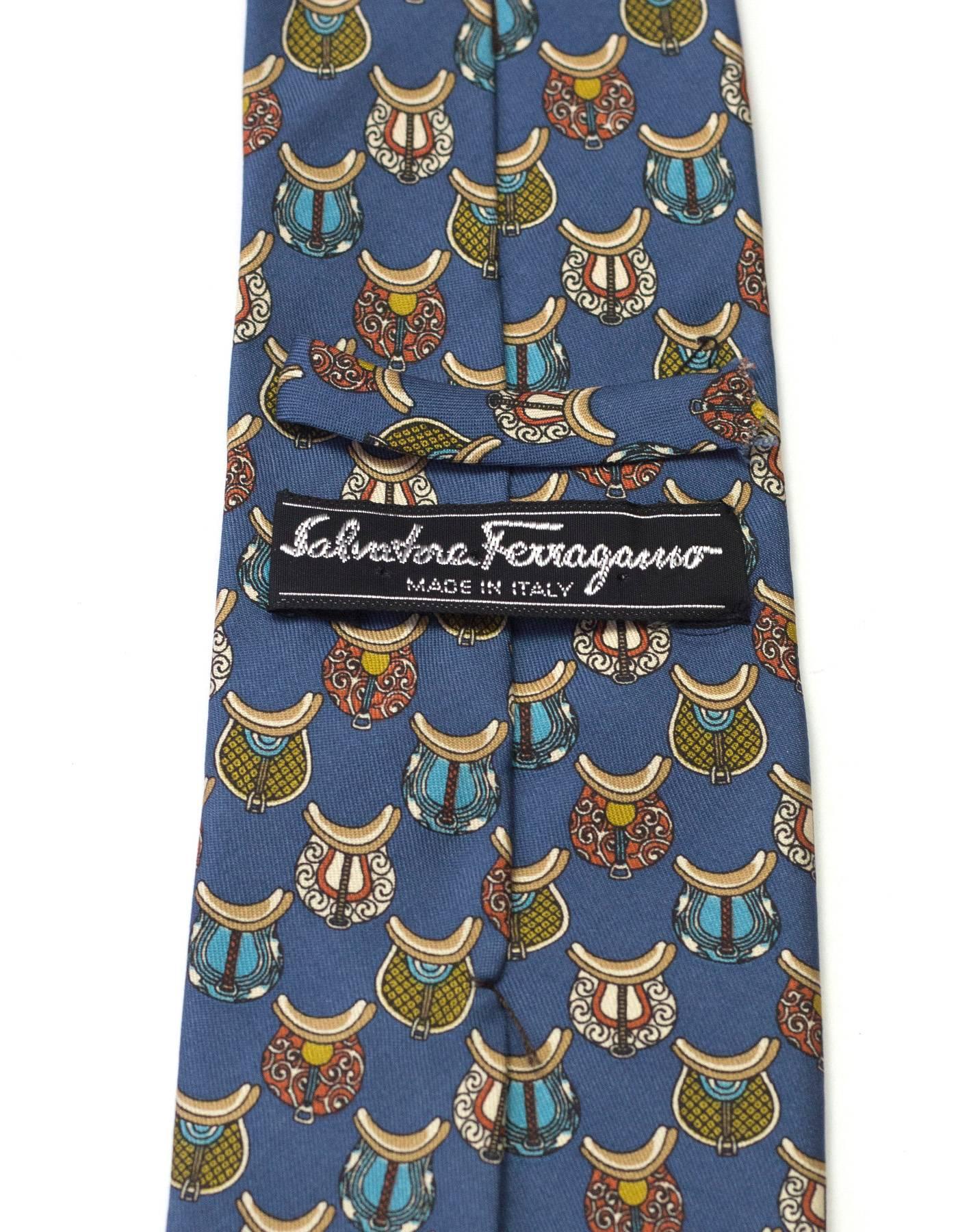 Salvatore Ferragamo Blue Saddle Print Silk Tie In Excellent Condition In New York, NY