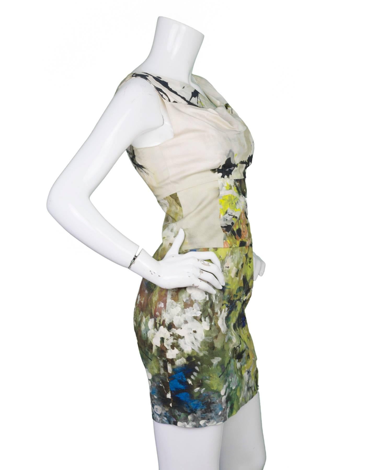 Black Halo Beige Floral Print Dress 
Features asymmetric ruched neckline

Made In: USA
Color: Beige and multi-colored
Composition: 97% cotton, 3% spandex
Lining: Beige, 95% polyester, 5% spandex
Closure/Opening: Zip up back
Exterior Pockets: