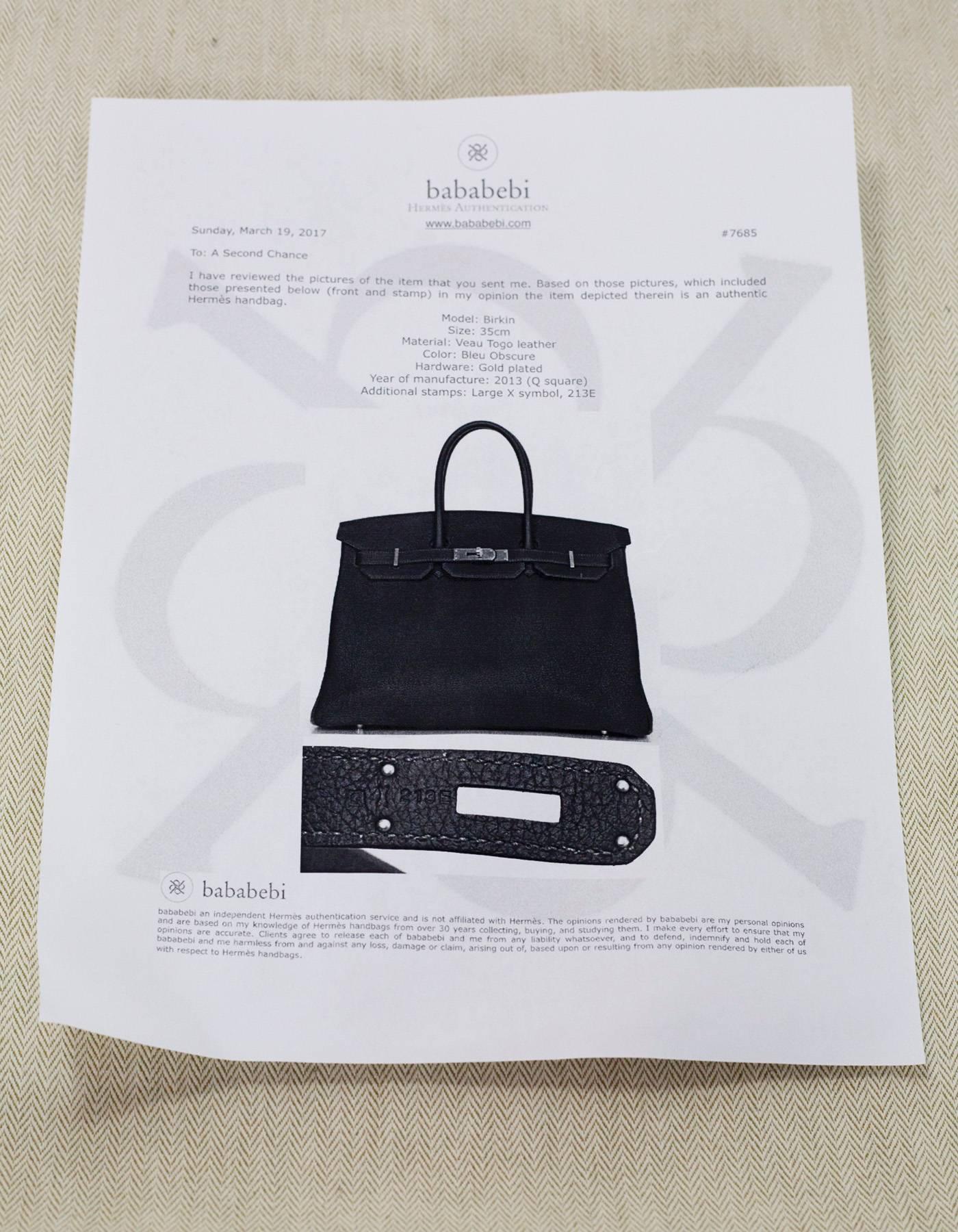 Hermes Bleu Obscur Togo Leather 35cm Birkin Bag w. Gold Hardware 1