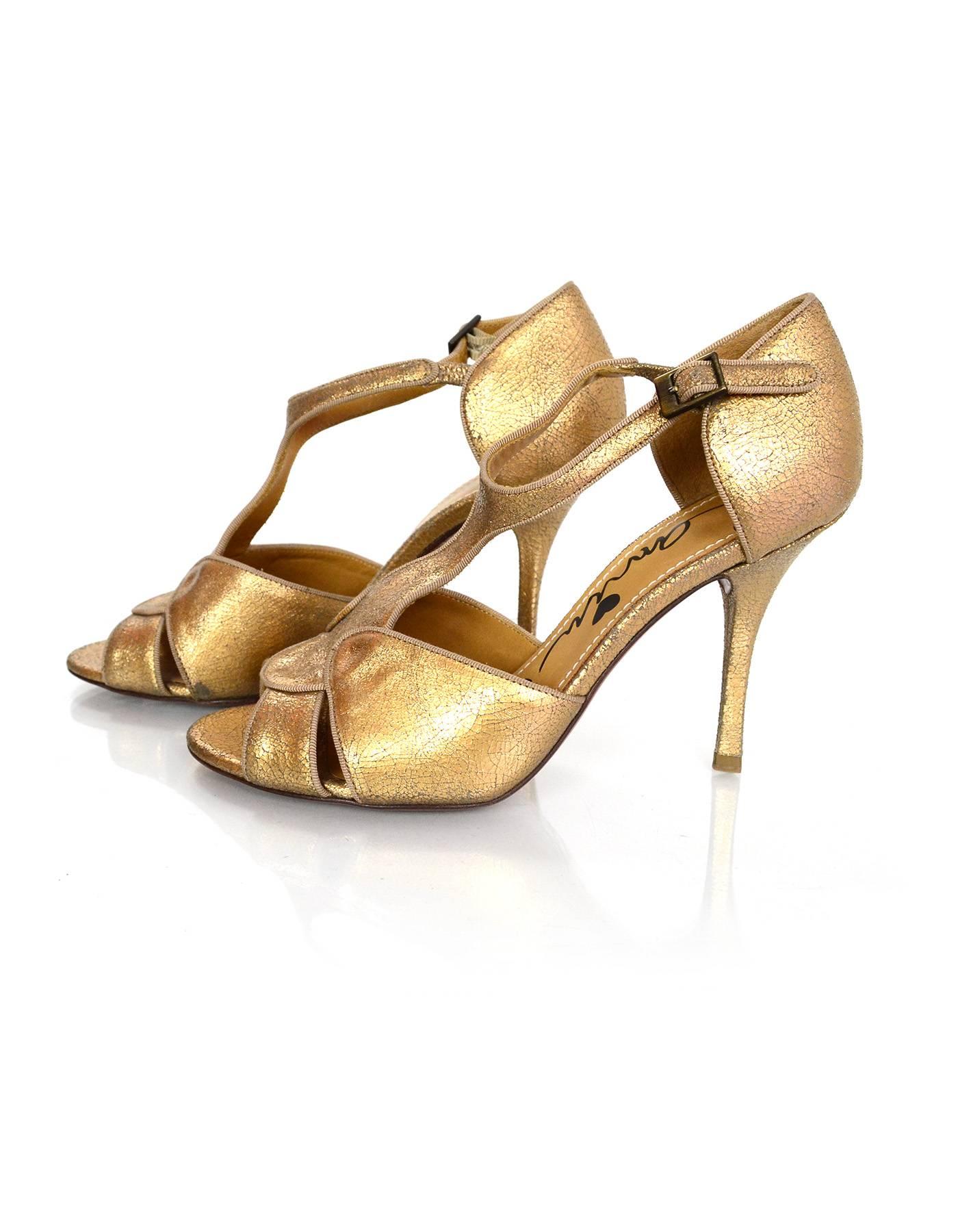 Brown Lanvin Gold Distressed T-Strap Sandals sz 38