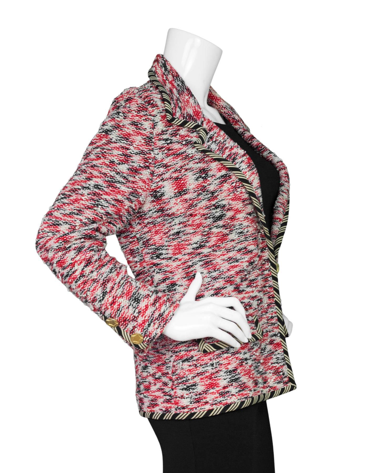 Adolfo Multi-Colored Tweed & Silk Jacket 
Features beige and black silk trim throughout

Made In: USA
Color: Black, red, white and beige
Composition: 100% wool
Lining: None
Closure/Opening: Button down front
Exterior Pockets: Two faux hip